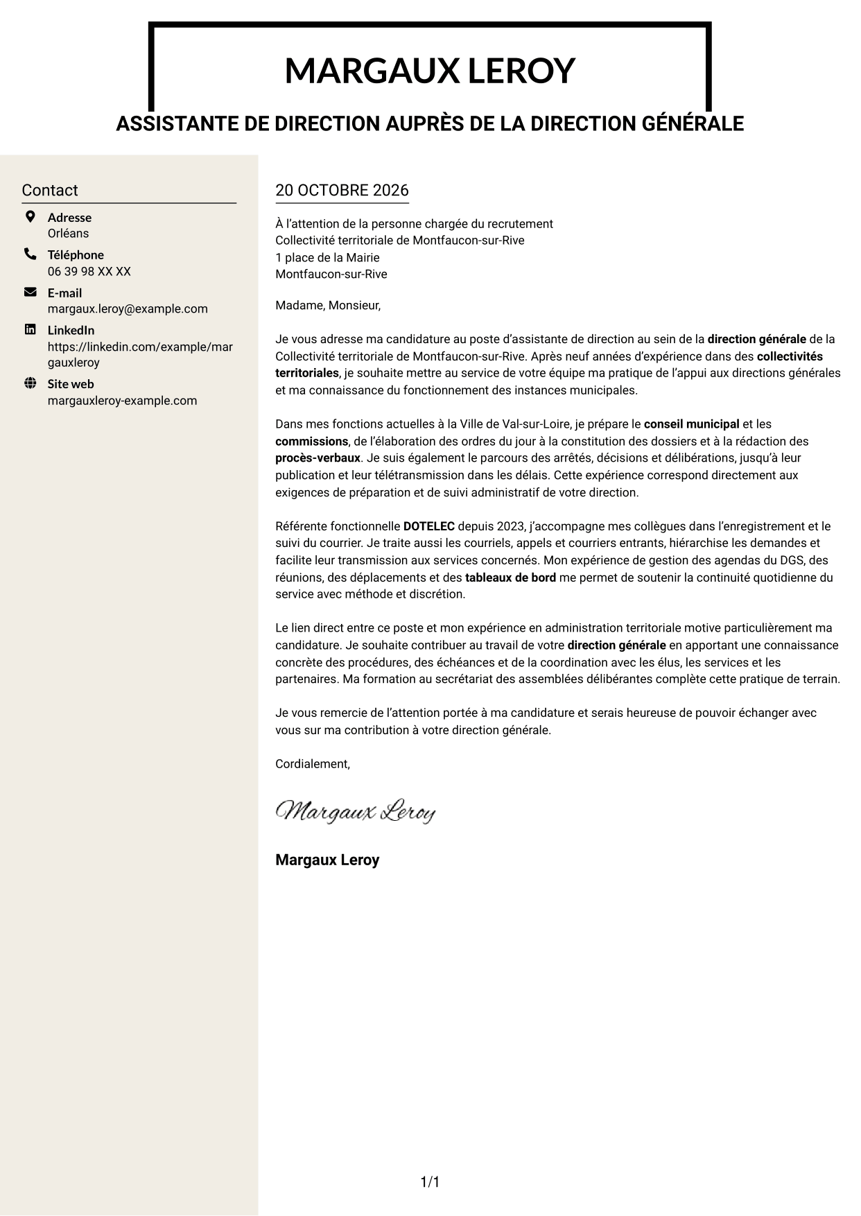 Lettre de motivation Fonceur (format à deux colonnes avec en-tête centré sans photo) : Assistant de direction - Administration publique territoriale, page 1