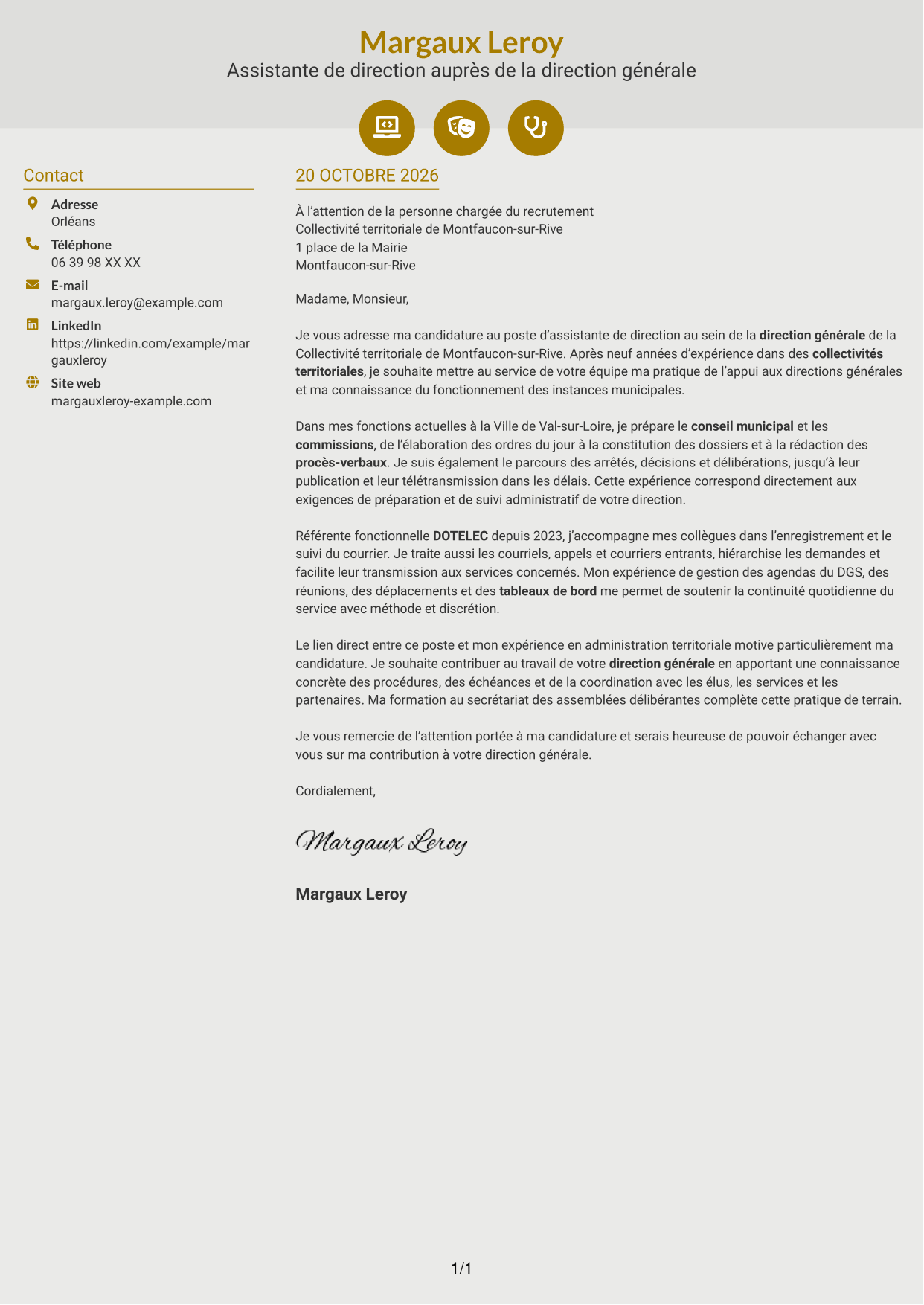 Lettre de motivation Dynamique (format à deux colonnes avec icônes) : Assistant de direction - Administration publique territoriale, page 1