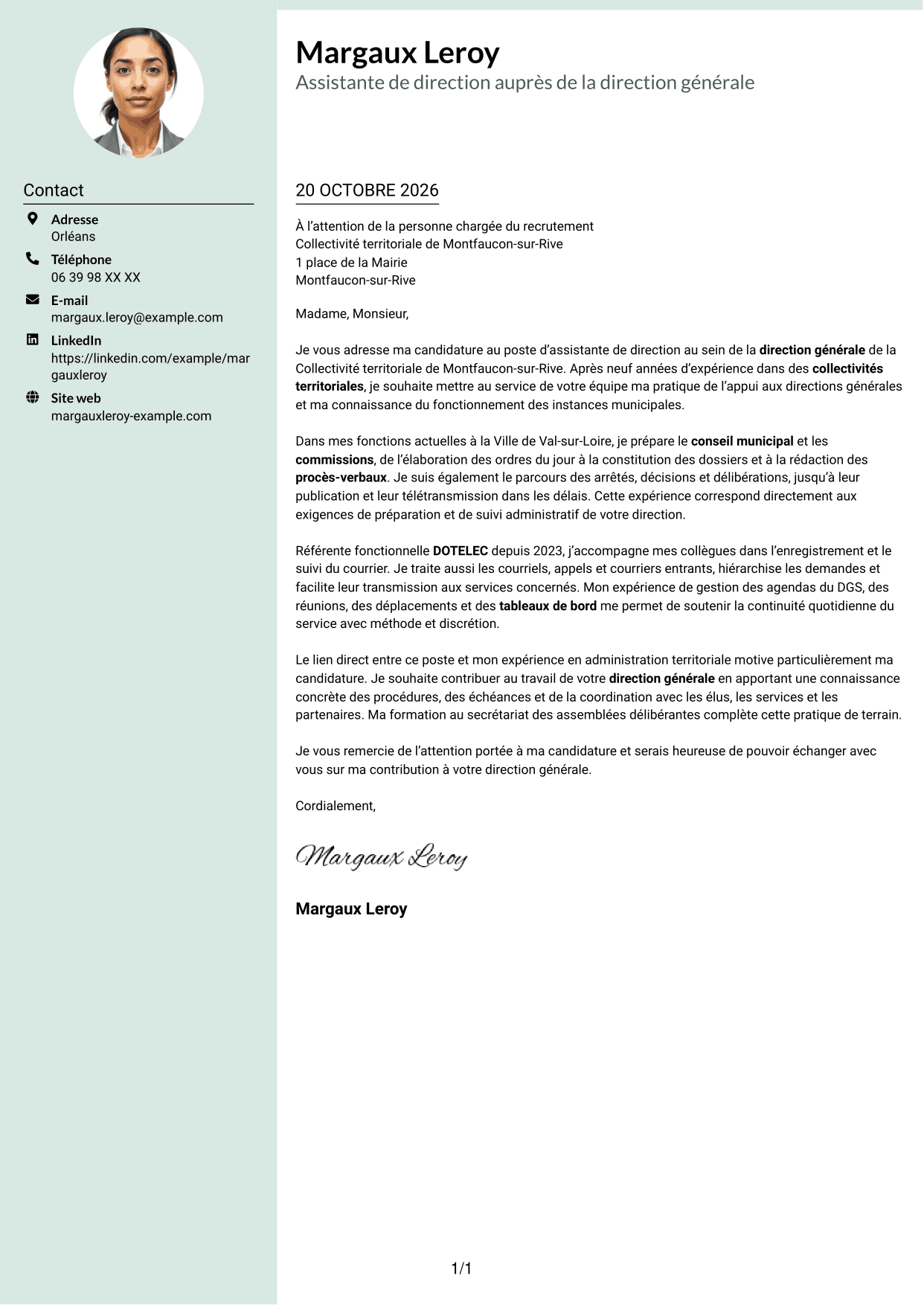 Lettre de motivation Cadre (format à colonne latérale douce avec photo arrondie) : Assistant de direction - Administration publique territoriale, page 1