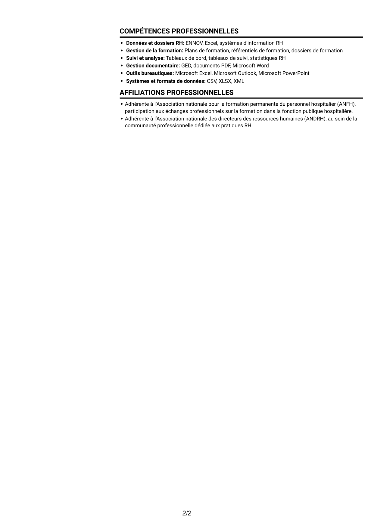 CV Compact (format sobre à deux colonnes avec photo) : Assistant de formation - Gestion de la formation hospitalière, page 2