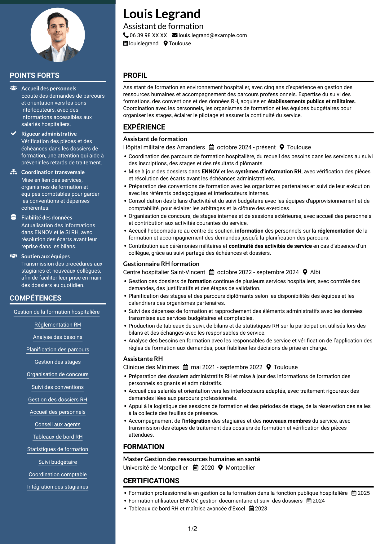 CV Élégant (format à colonne latérale colorée avec photo) : Assistant de formation - Gestion de la formation hospitalière, page 1