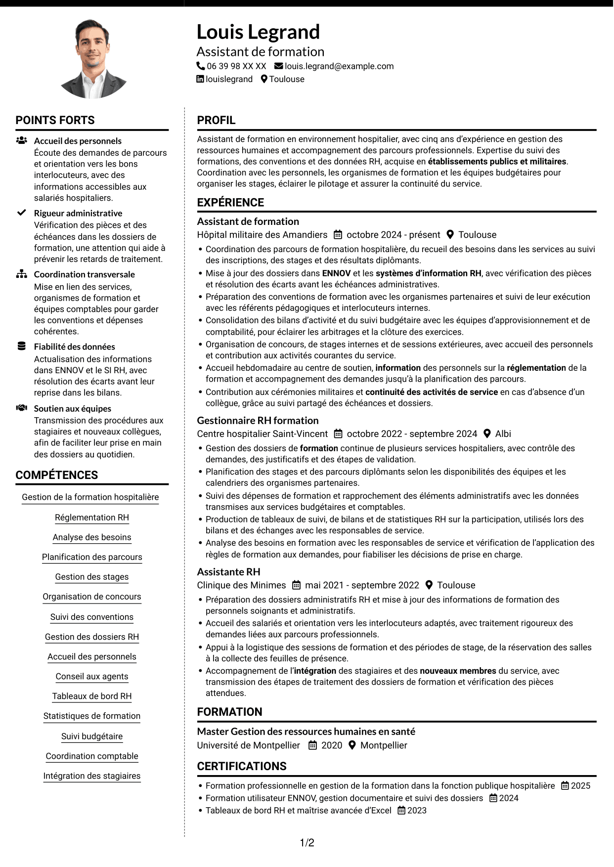 CV Moderne (format à deux colonnes avec photo à gauche et séparateur) : Assistant de formation - Gestion de la formation hospitalière, page 1