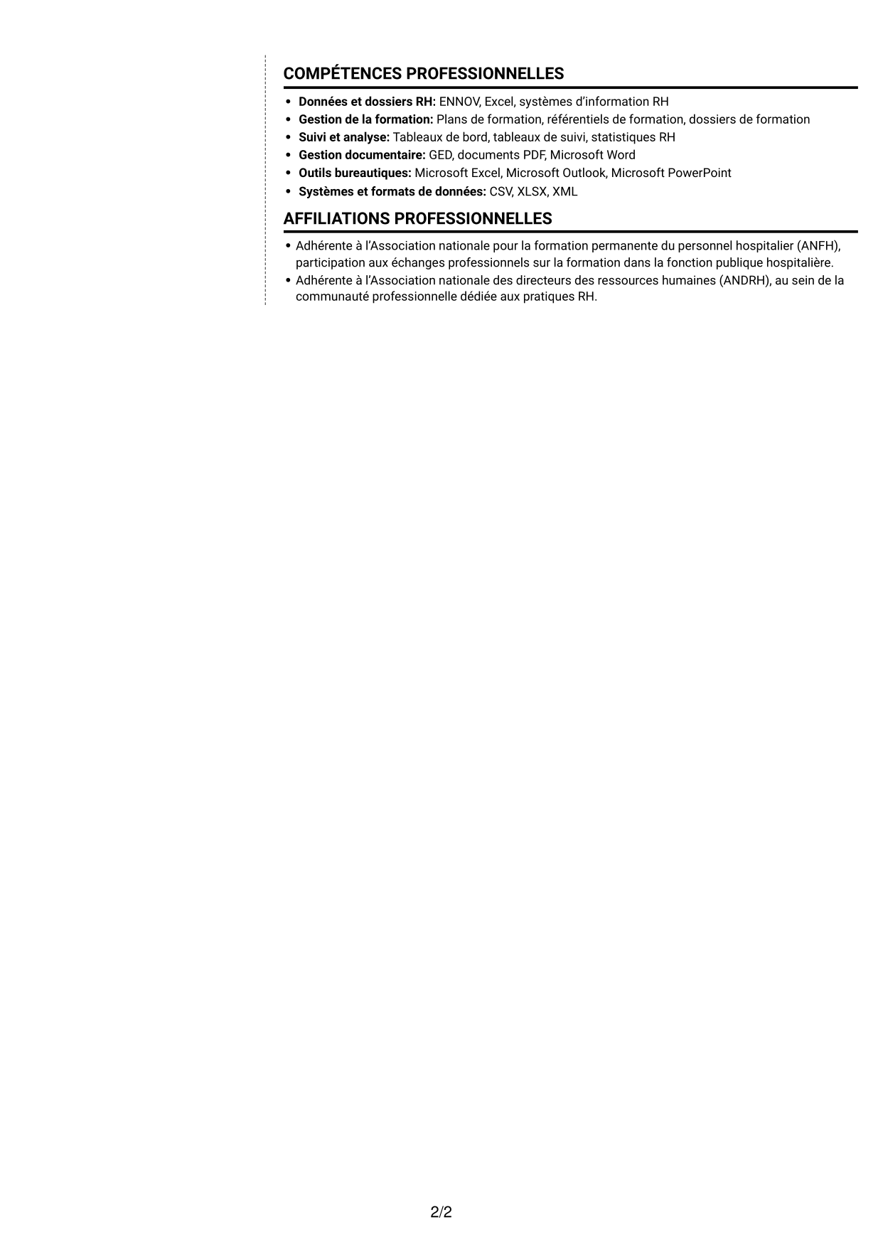 CV Moderne (format à deux colonnes avec photo à gauche et séparateur) : Assistant de formation - Gestion de la formation hospitalière, page 2