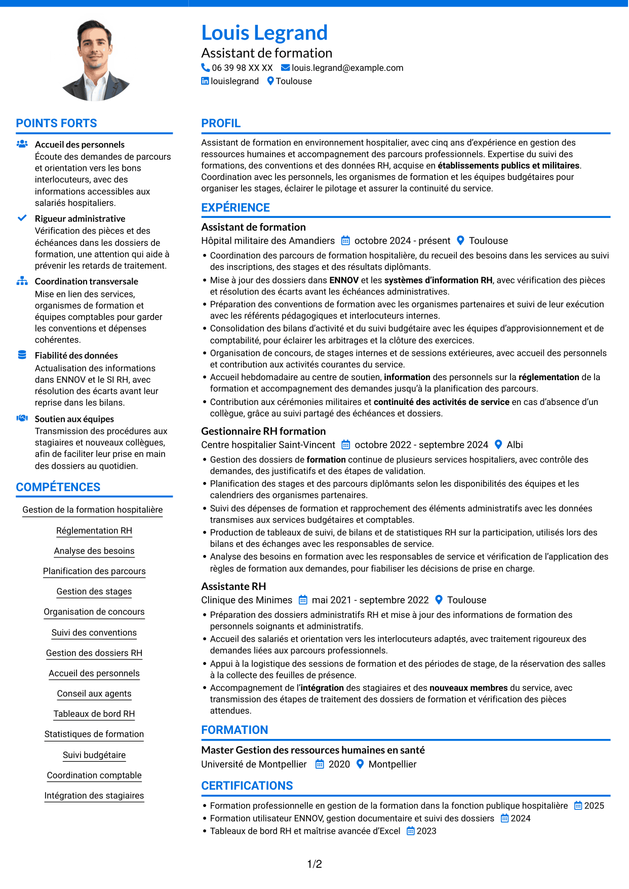 CV Audacieux (format à deux colonnes avec accents colorés et photo) : Assistant de formation - Gestion de la formation hospitalière, page 1