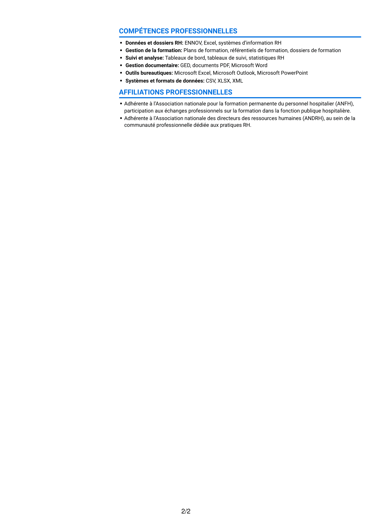 CV Audacieux (format à deux colonnes avec accents colorés et photo) : Assistant de formation - Gestion de la formation hospitalière, page 2