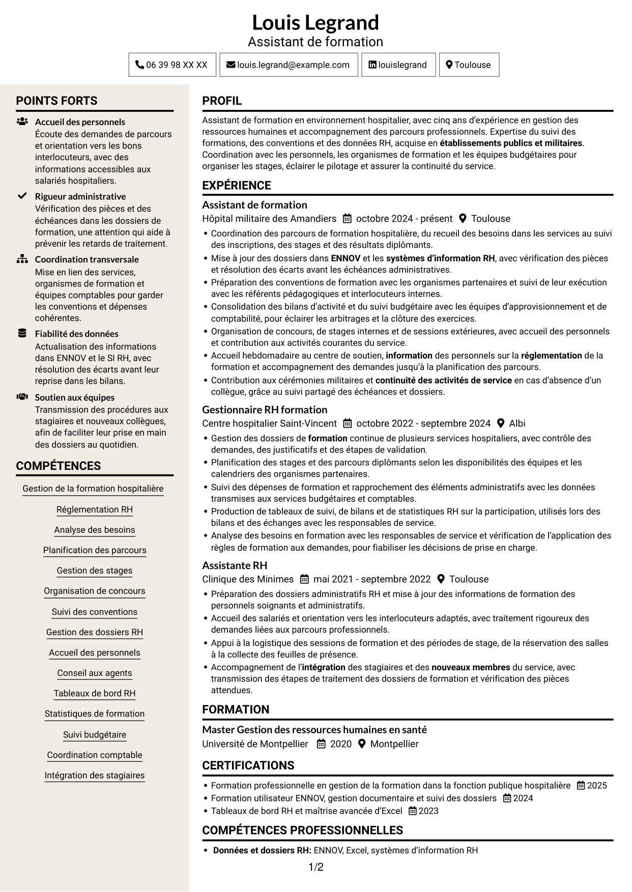 CV Fonceur (format à deux colonnes avec en-tête centré sans photo) : Assistant de formation - Gestion de la formation hospitalière, page 1
