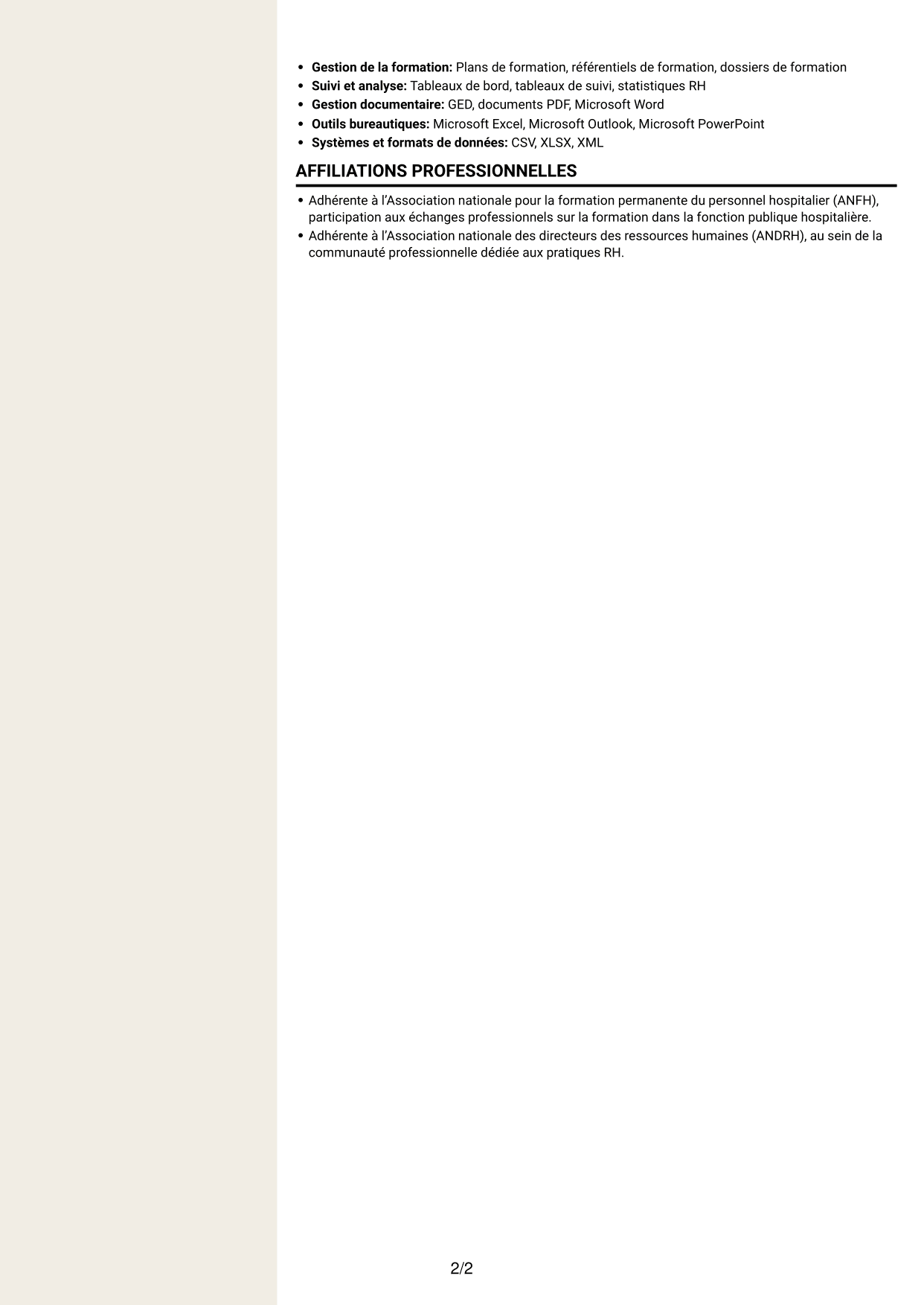 CV Fonceur (format à deux colonnes avec en-tête centré sans photo) : Assistant de formation - Gestion de la formation hospitalière, page 2