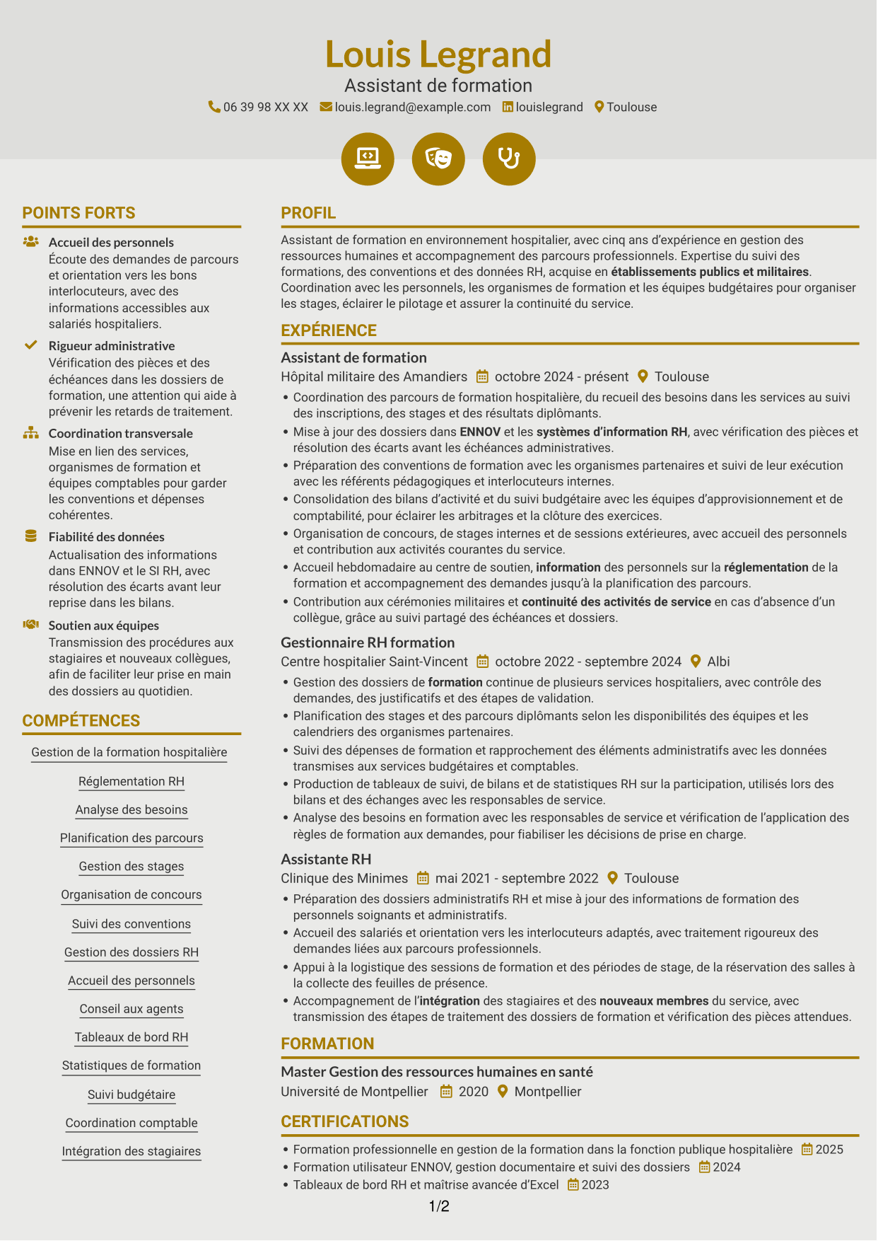 CV Dynamique (format à deux colonnes avec icônes) : Assistant de formation - Gestion de la formation hospitalière, page 1