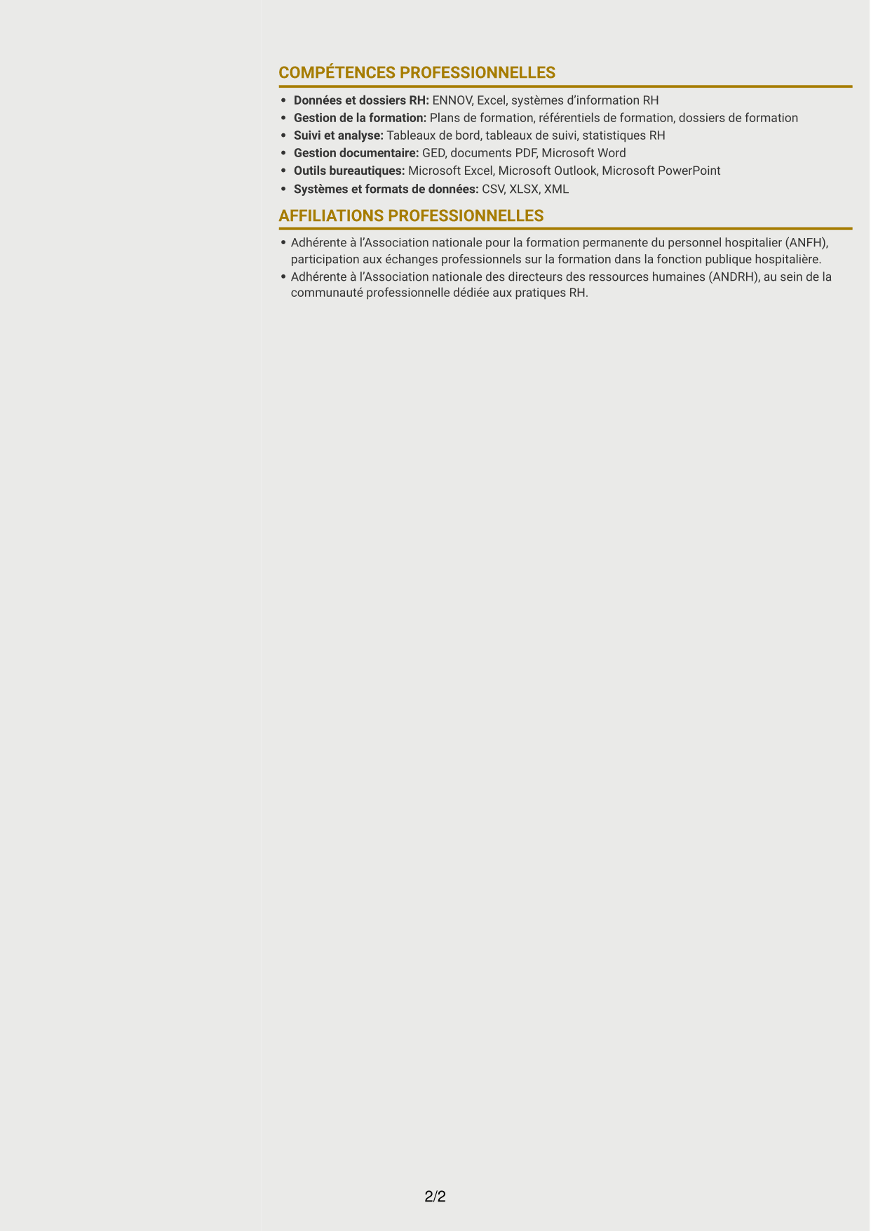 CV Dynamique (format à deux colonnes avec icônes) : Assistant de formation - Gestion de la formation hospitalière, page 2