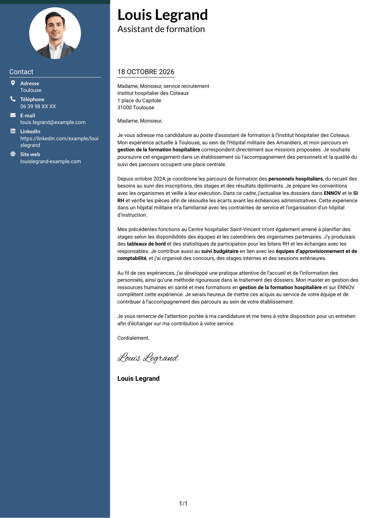 Lettre de motivation Élégant (format à colonne latérale colorée avec photo) : Assistant de formation - Gestion de la formation hospitalière, page 1