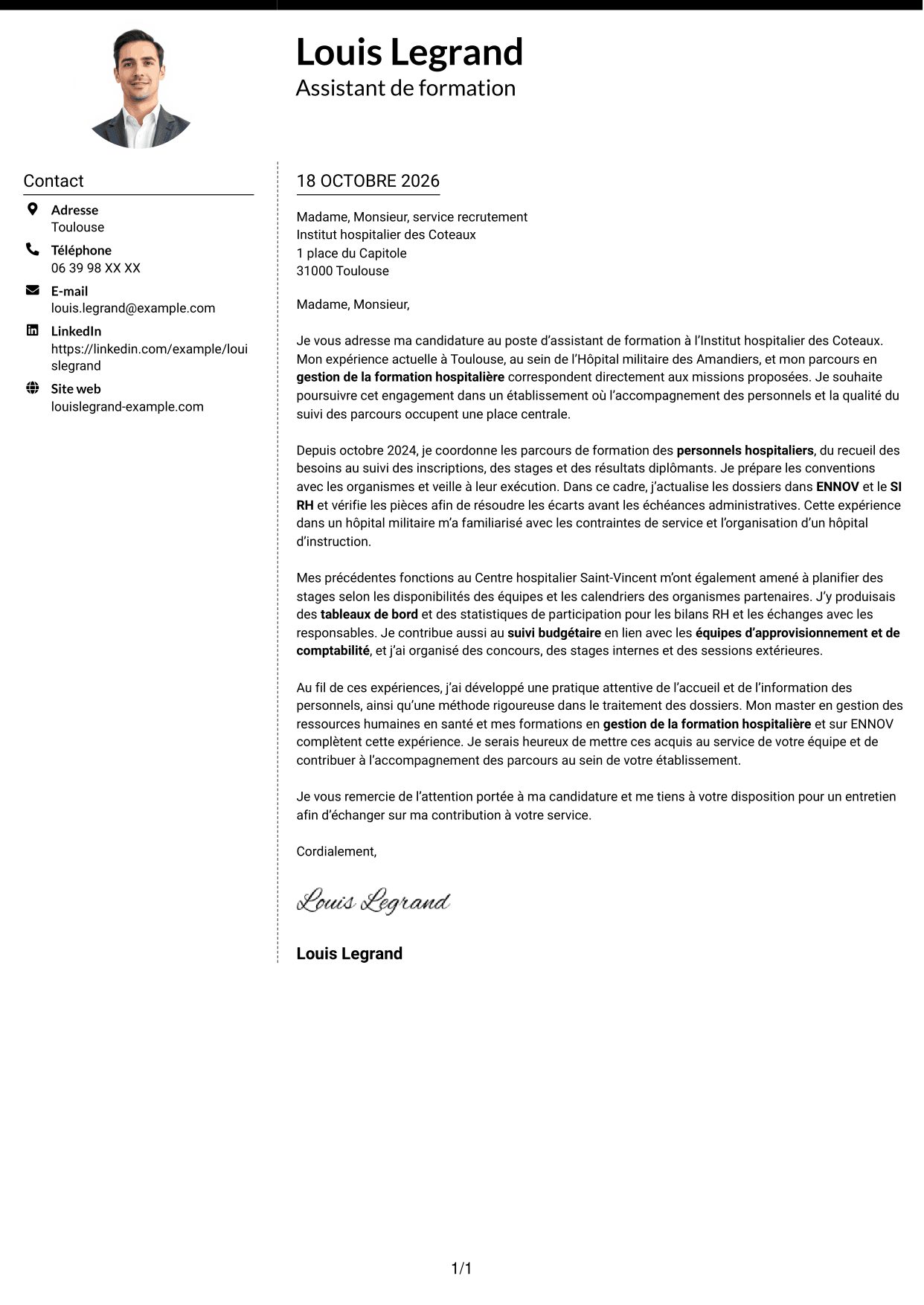 Lettre de motivation Moderne (format à deux colonnes avec photo à gauche et séparateur) : Assistant de formation - Gestion de la formation hospitalière, page 1