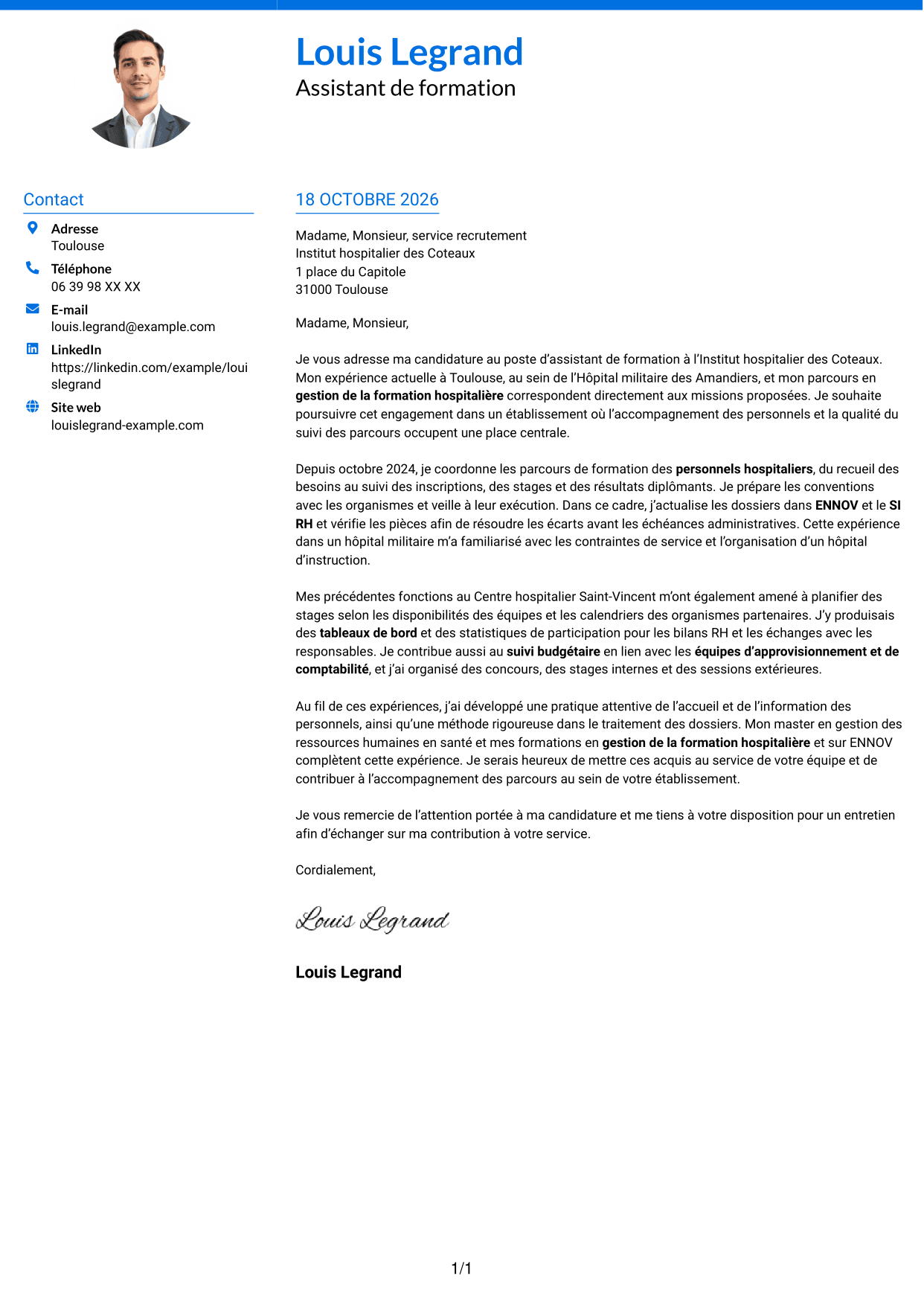 Lettre de motivation Audacieux (format à deux colonnes avec accents colorés et photo) : Assistant de formation - Gestion de la formation hospitalière, page 1