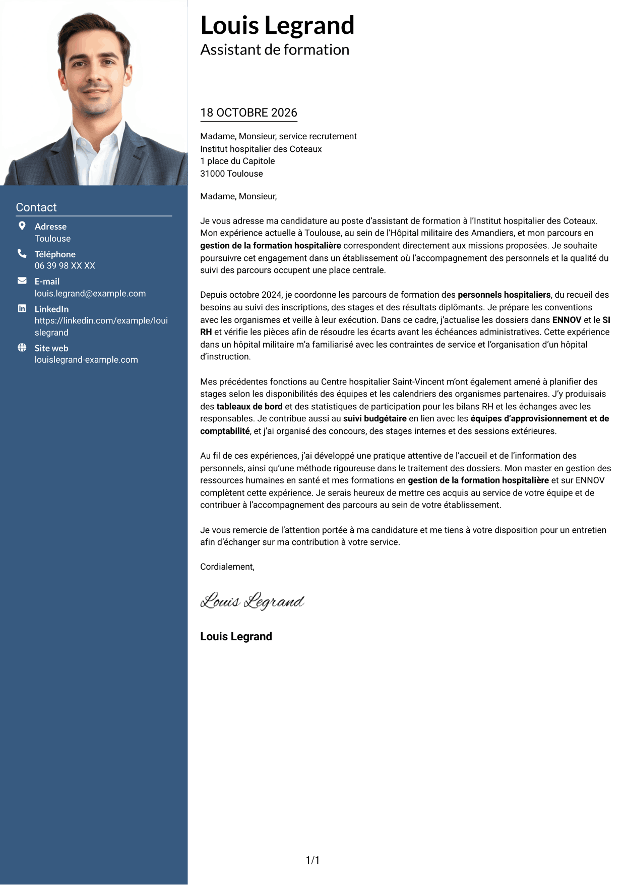 Lettre de motivation Signature (format à colonne latérale colorée avec grande photo) : Assistant de formation - Gestion de la formation hospitalière, page 1