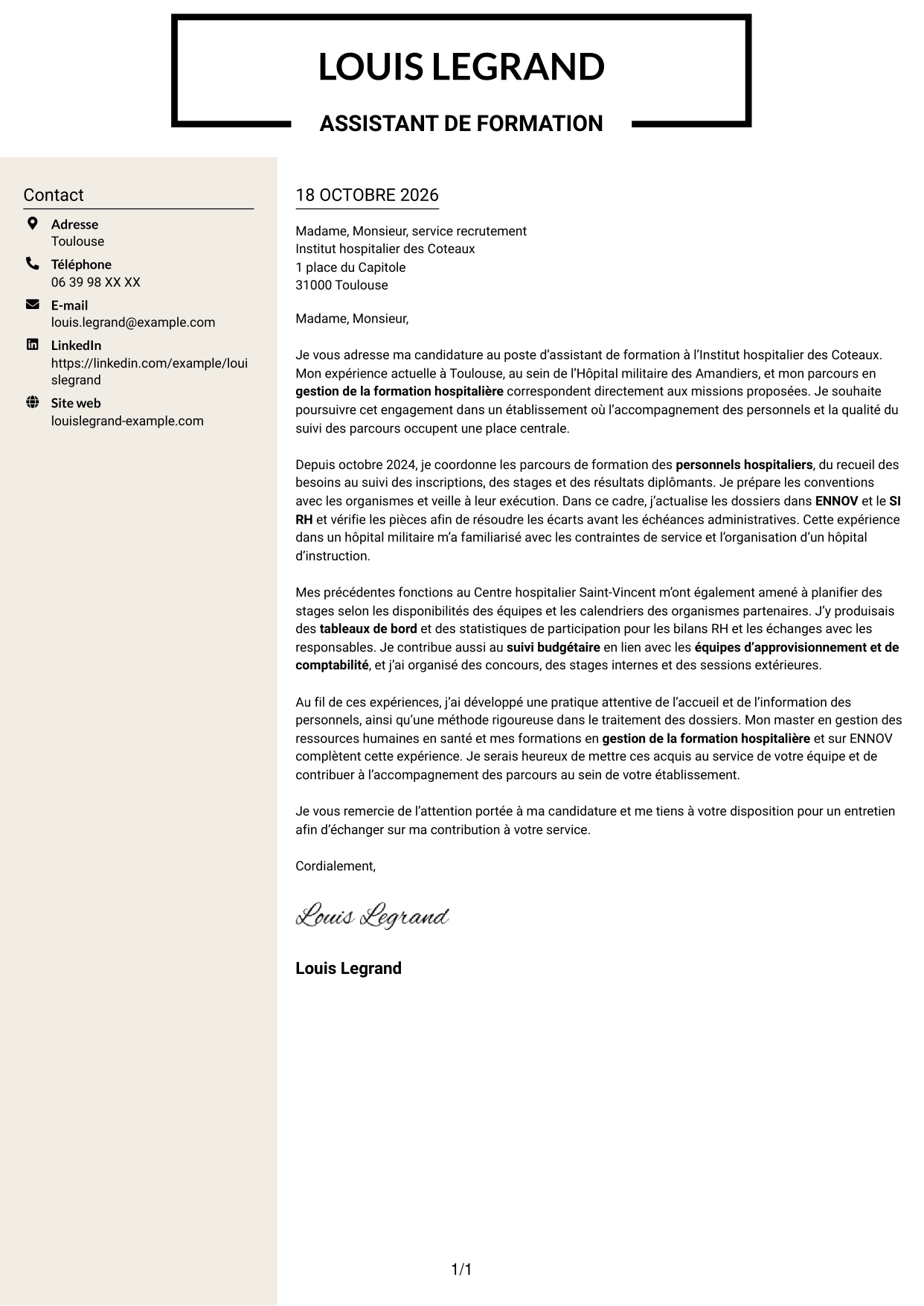 Lettre de motivation Fonceur (format à deux colonnes avec en-tête centré sans photo) : Assistant de formation - Gestion de la formation hospitalière, page 1