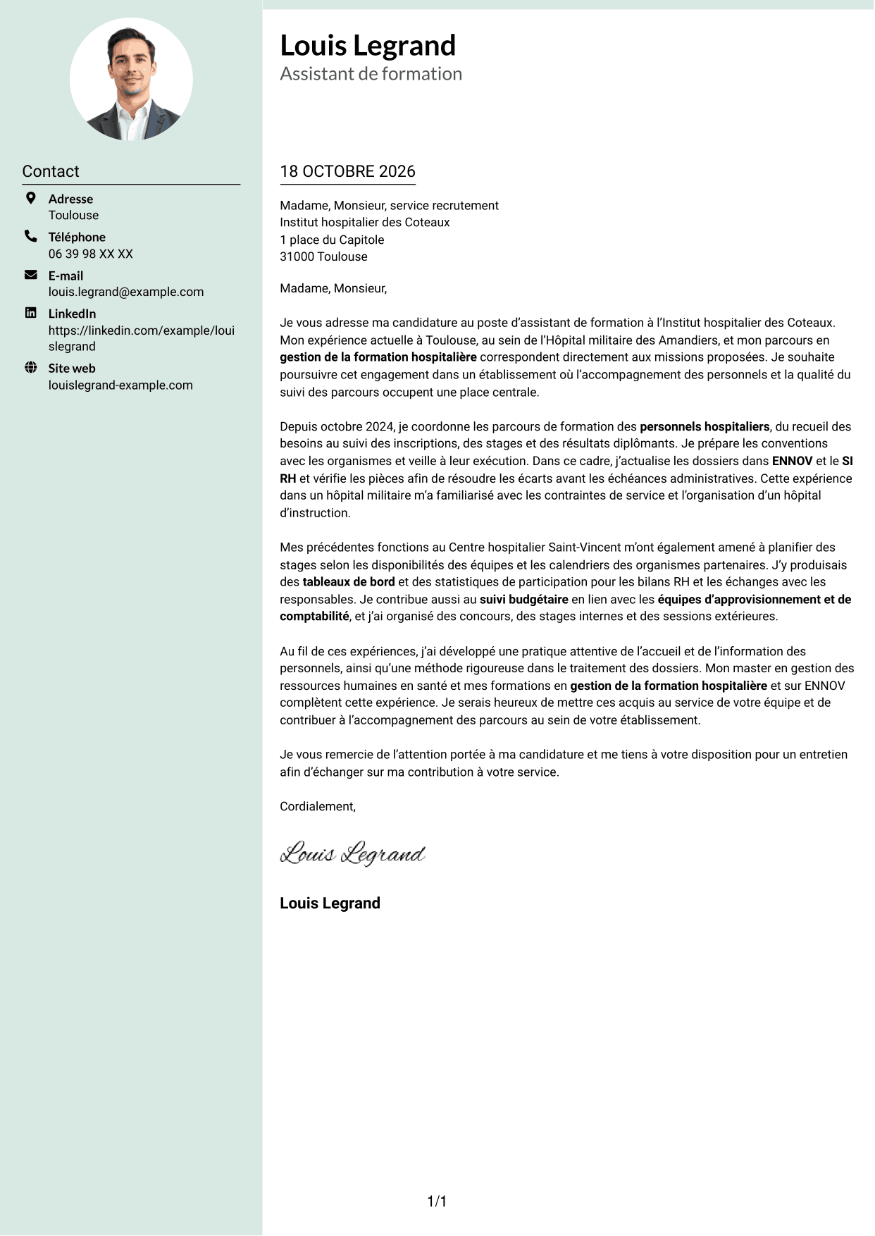 Lettre de motivation Cadre (format à colonne latérale douce avec photo arrondie) : Assistant de formation - Gestion de la formation hospitalière, page 1