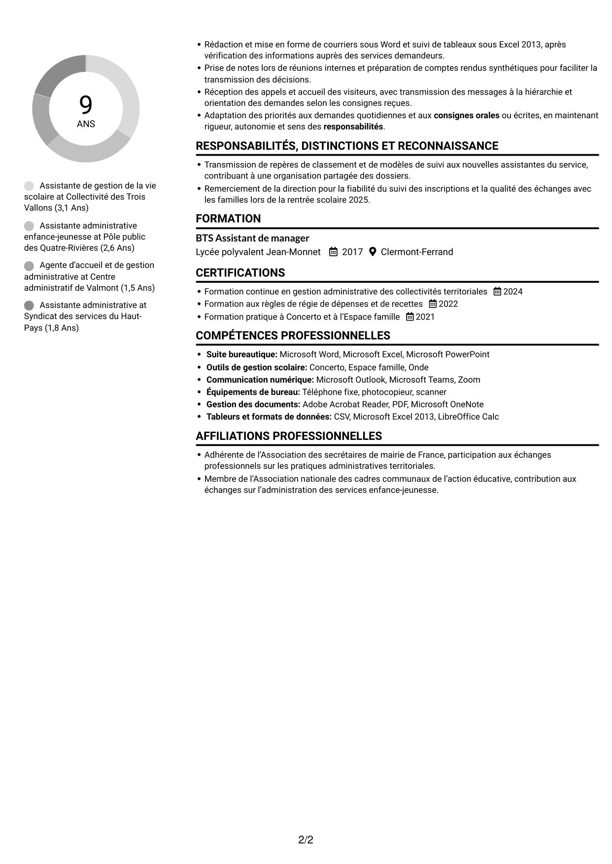CV Compact (format sobre à deux colonnes avec photo) : Assistant de la vie scolaire - Gestion administrative, page 2