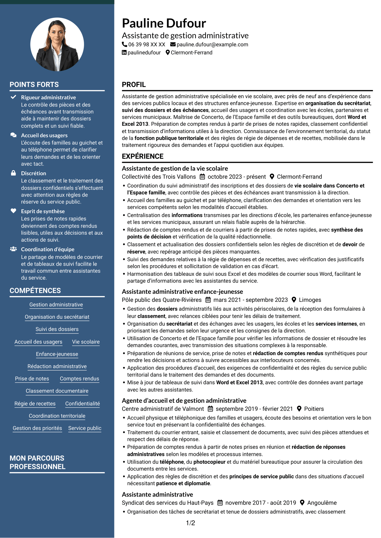 CV Élégant (format à colonne latérale colorée avec photo) : Assistant de la vie scolaire - Gestion administrative, page 1