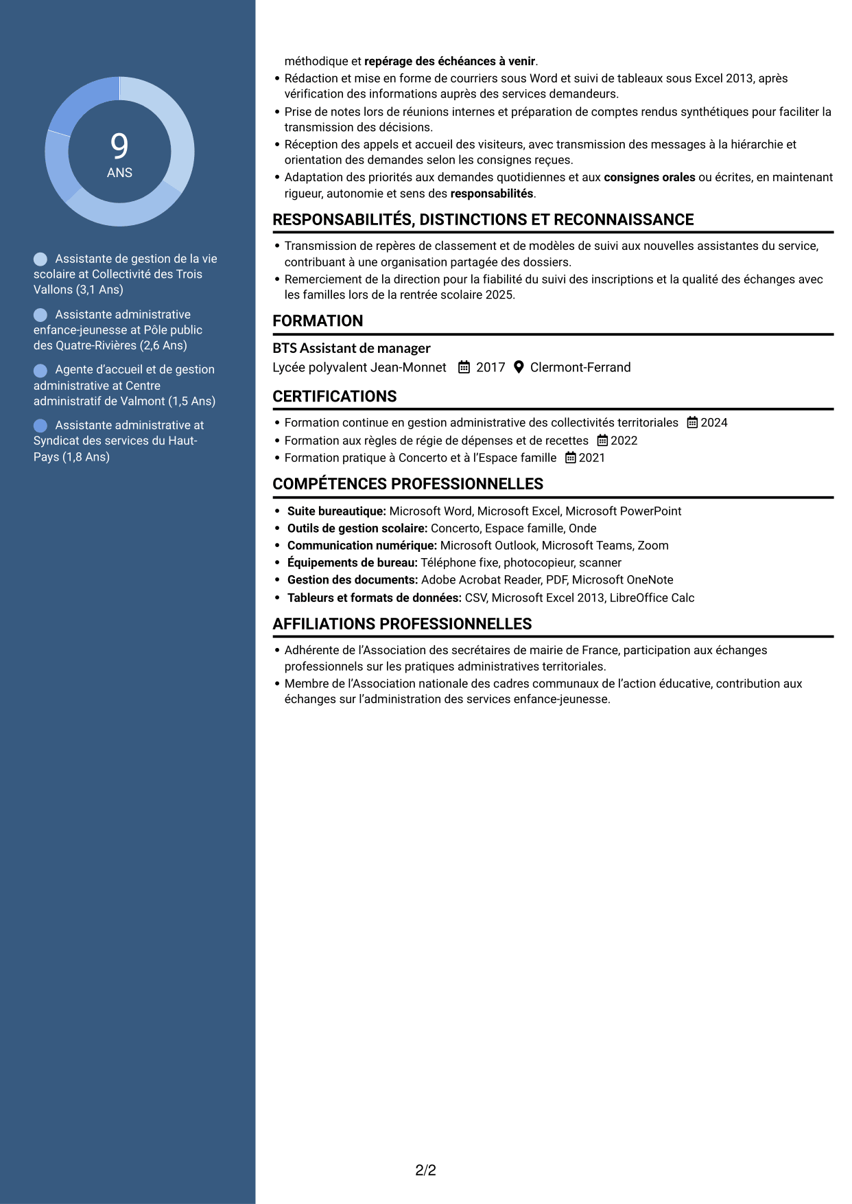 CV Élégant (format à colonne latérale colorée avec photo) : Assistant de la vie scolaire - Gestion administrative, page 2