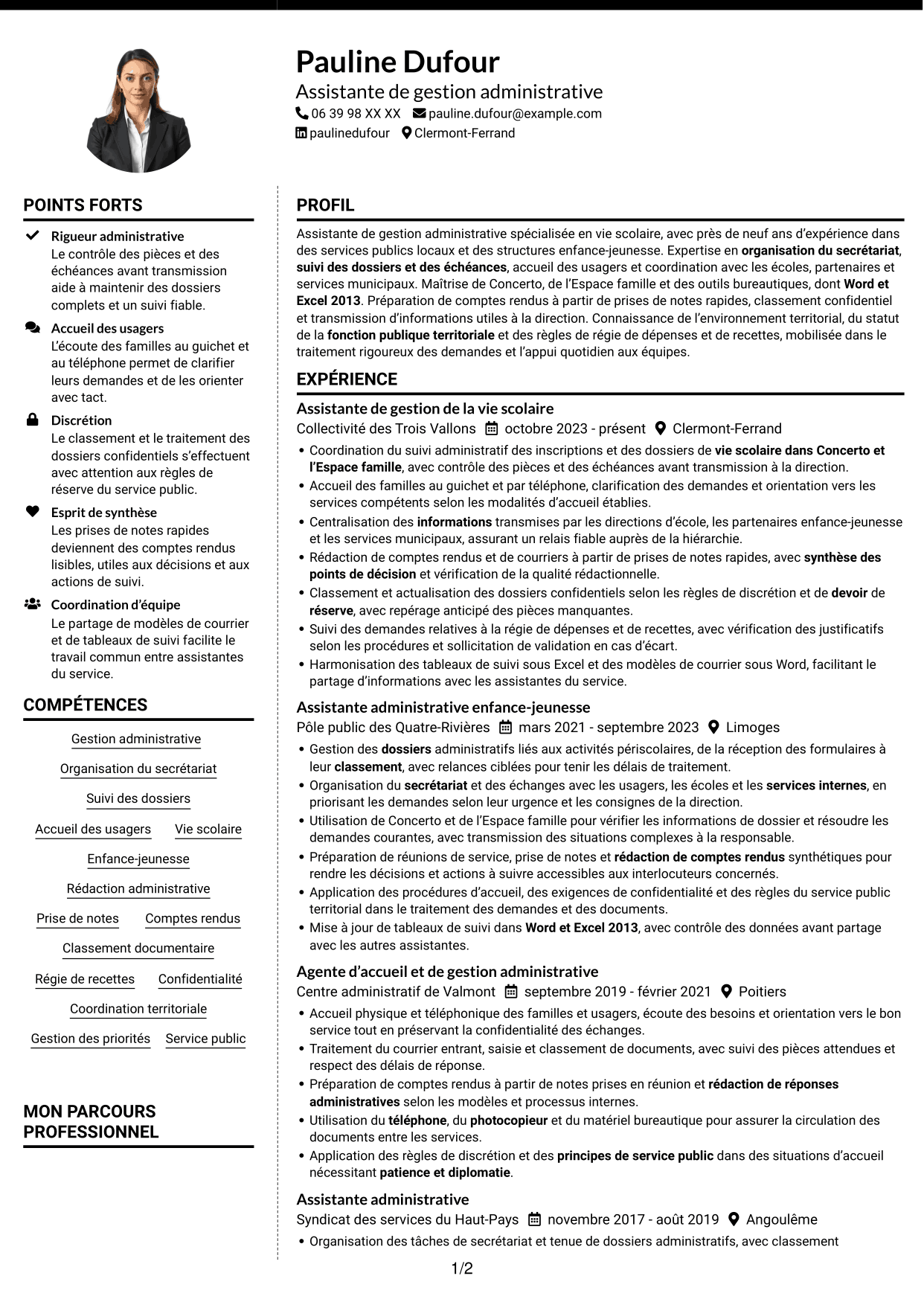 CV Moderne (format à deux colonnes avec photo à gauche et séparateur) : Assistant de la vie scolaire - Gestion administrative, page 1