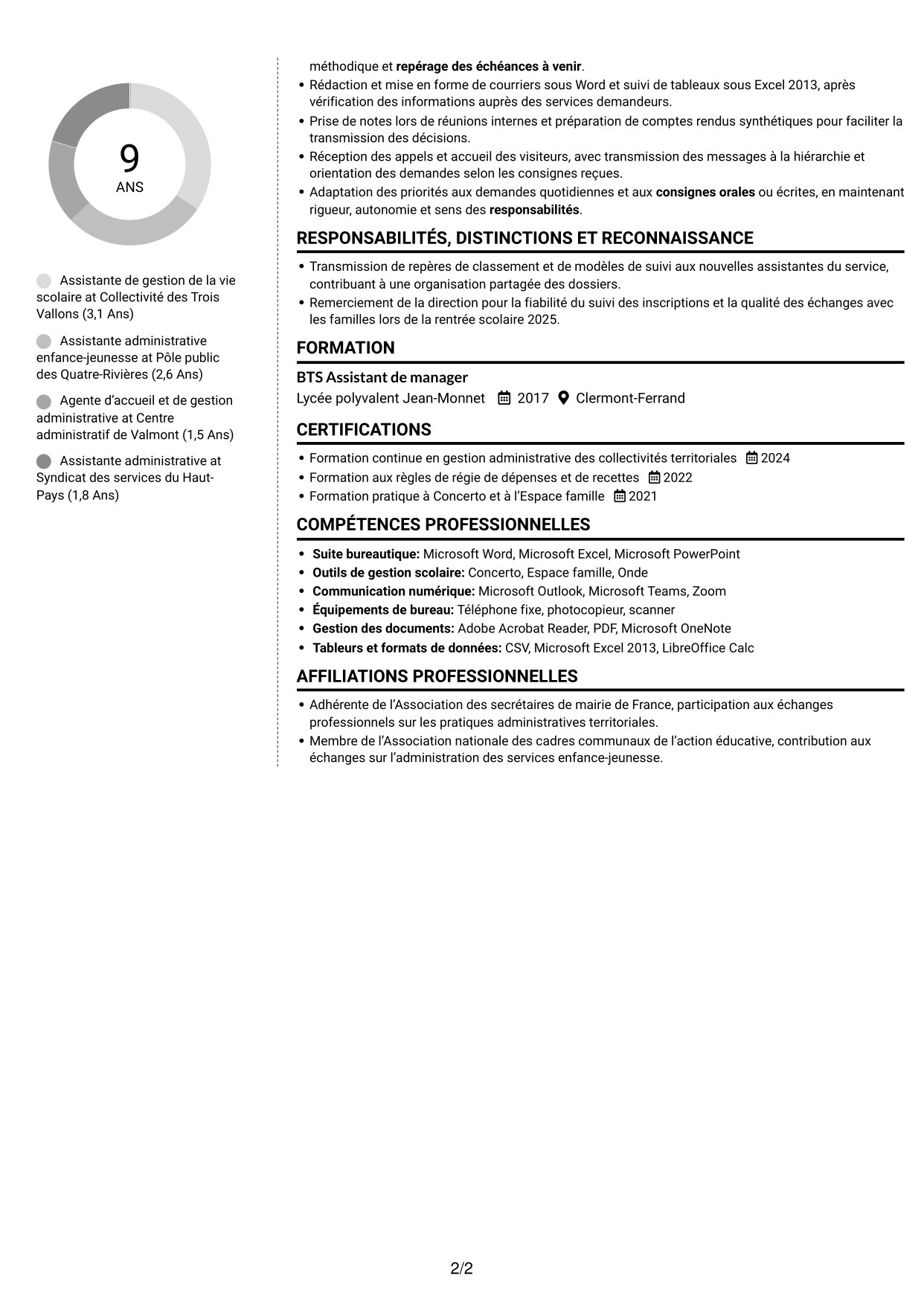 CV Moderne (format à deux colonnes avec photo à gauche et séparateur) : Assistant de la vie scolaire - Gestion administrative, page 2