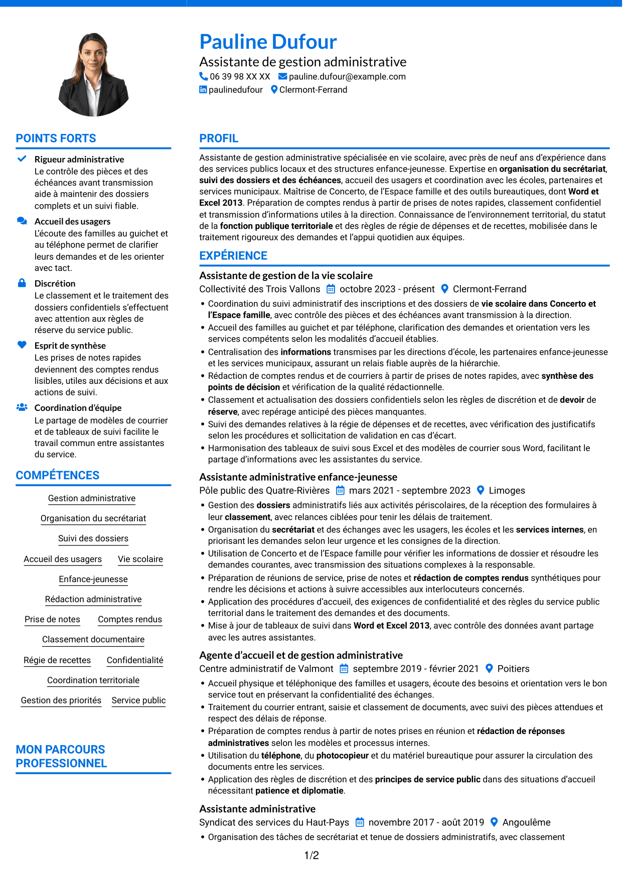 CV Audacieux (format à deux colonnes avec accents colorés et photo) : Assistant de la vie scolaire - Gestion administrative, page 1
