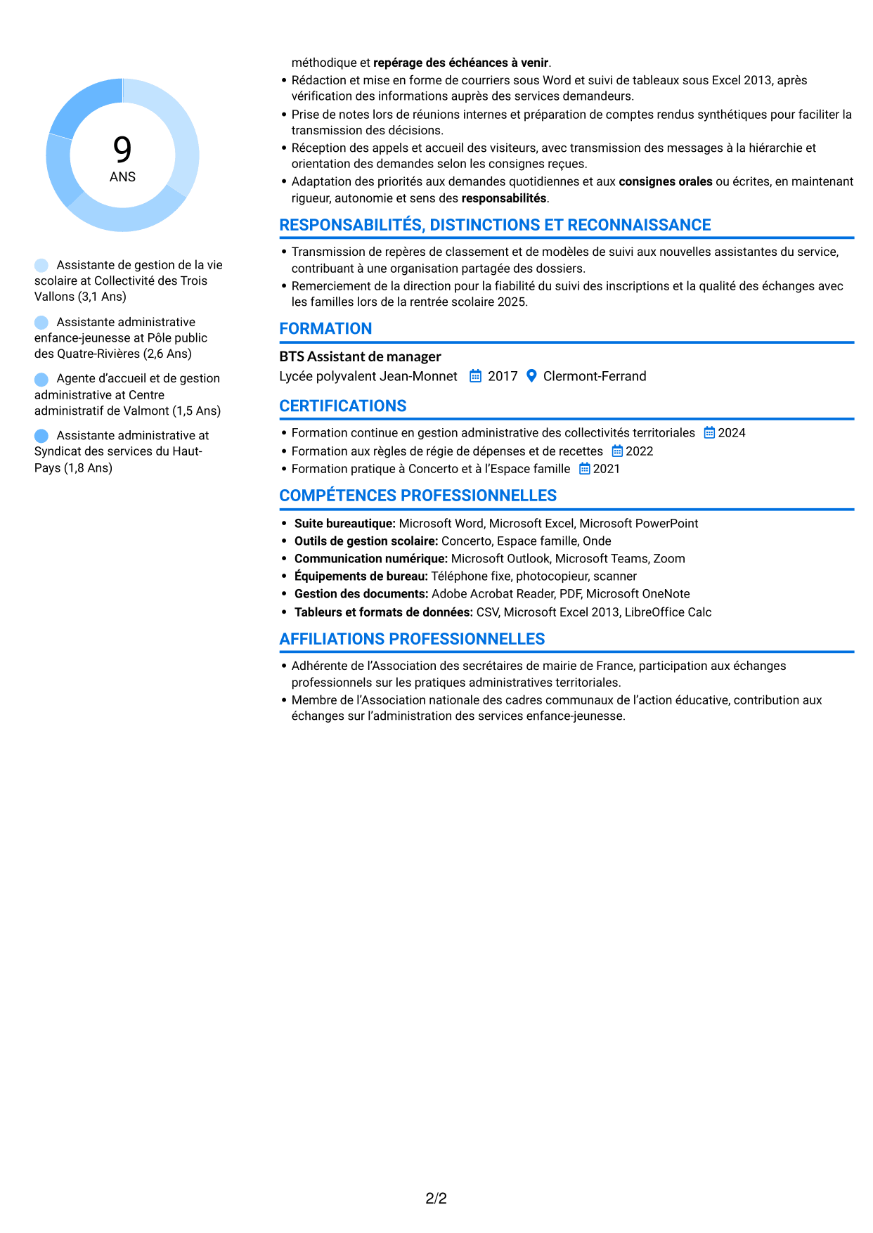 CV Audacieux (format à deux colonnes avec accents colorés et photo) : Assistant de la vie scolaire - Gestion administrative, page 2