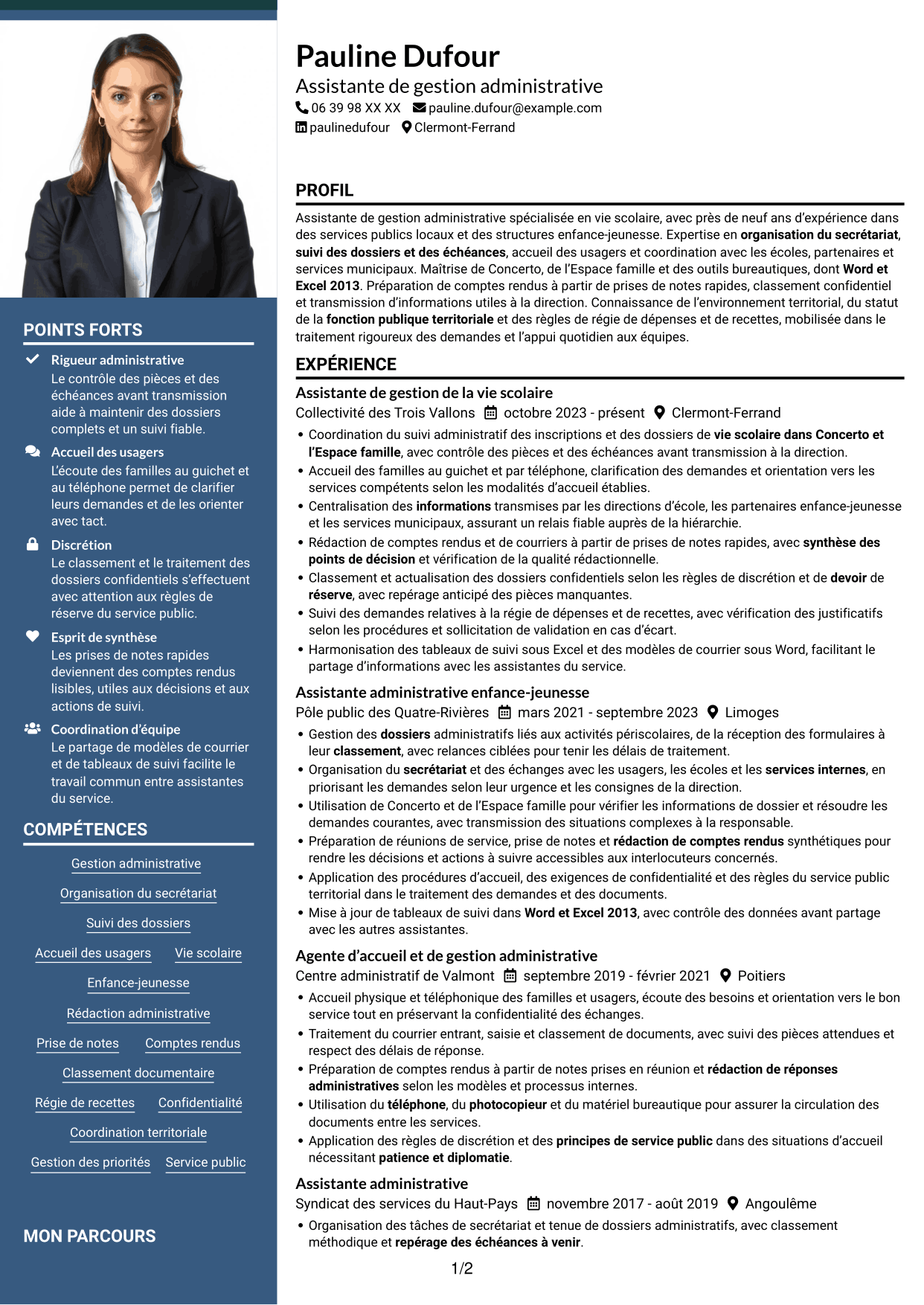 CV Signature (format à colonne latérale colorée avec grande photo) : Assistant de la vie scolaire - Gestion administrative, page 1
