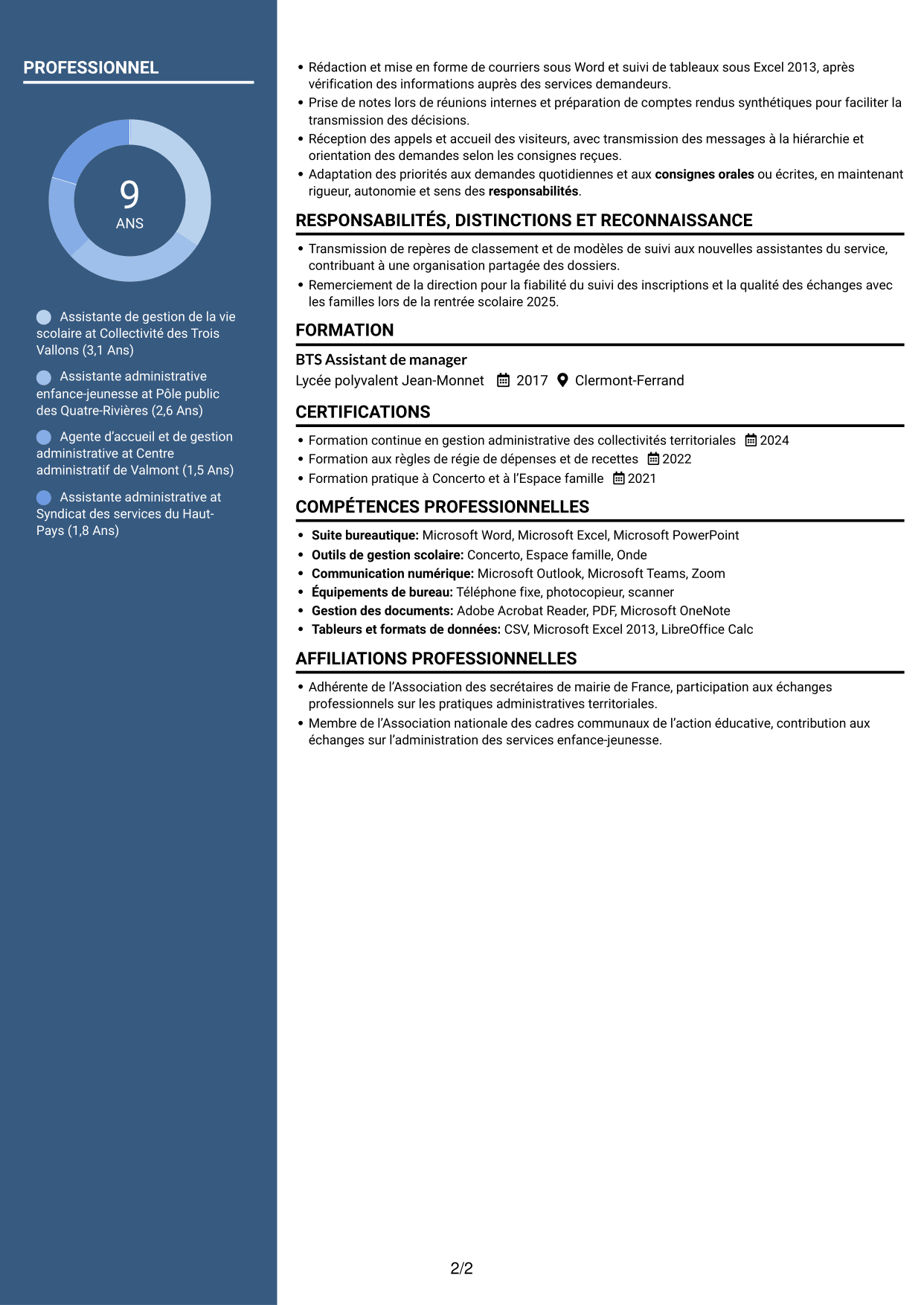 CV Signature (format à colonne latérale colorée avec grande photo) : Assistant de la vie scolaire - Gestion administrative, page 2