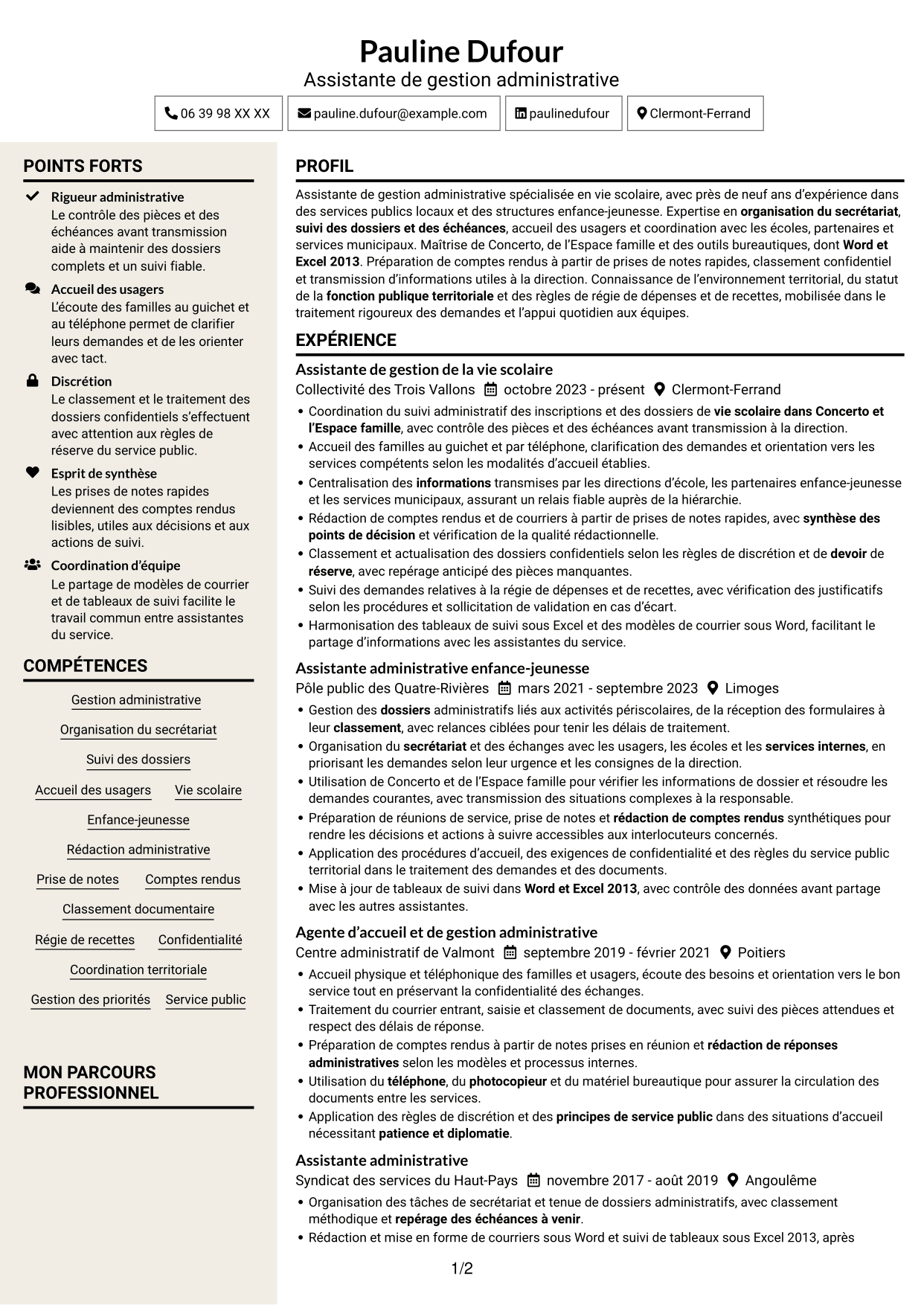 CV Fonceur (format à deux colonnes avec en-tête centré sans photo) : Assistant de la vie scolaire - Gestion administrative, page 1