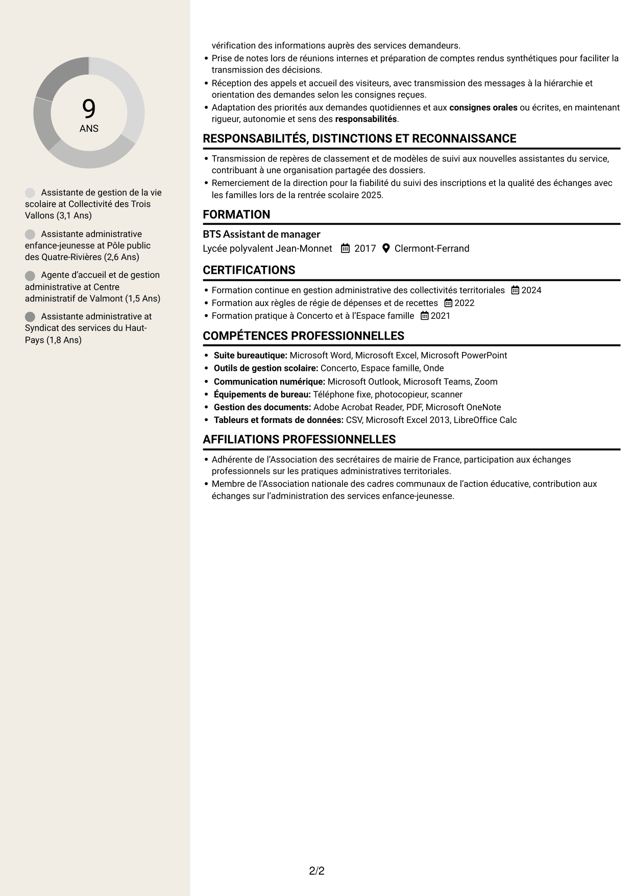 CV Fonceur (format à deux colonnes avec en-tête centré sans photo) : Assistant de la vie scolaire - Gestion administrative, page 2