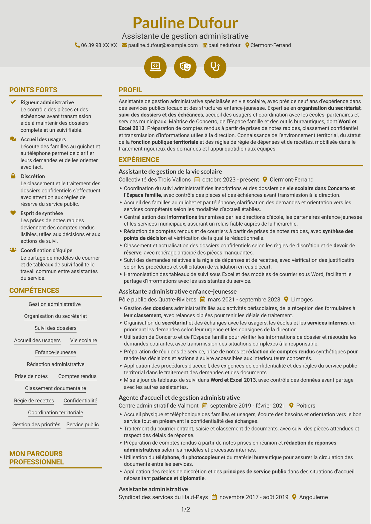 CV Dynamique (format à deux colonnes avec icônes) : Assistant de la vie scolaire - Gestion administrative, page 1