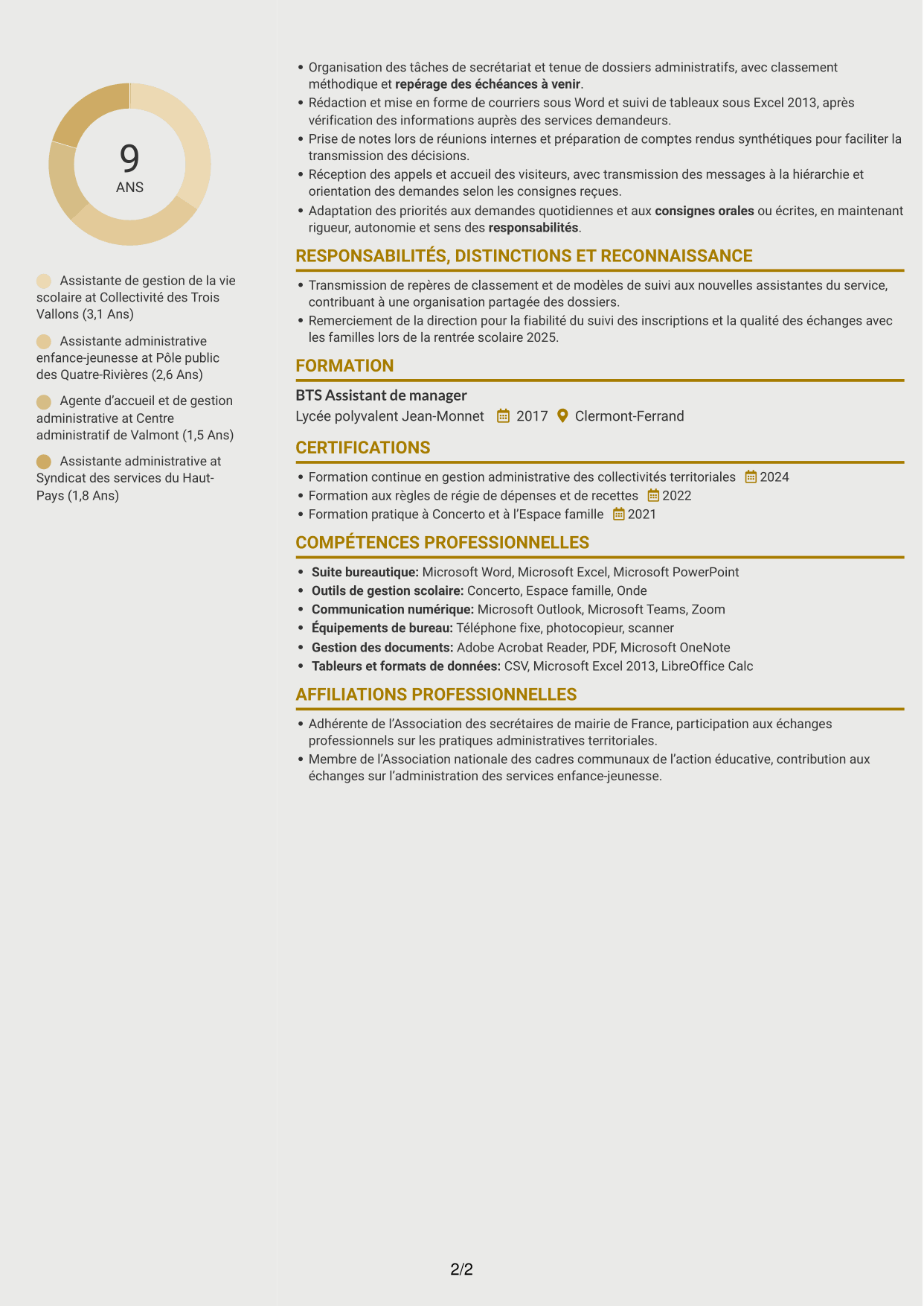 CV Dynamique (format à deux colonnes avec icônes) : Assistant de la vie scolaire - Gestion administrative, page 2