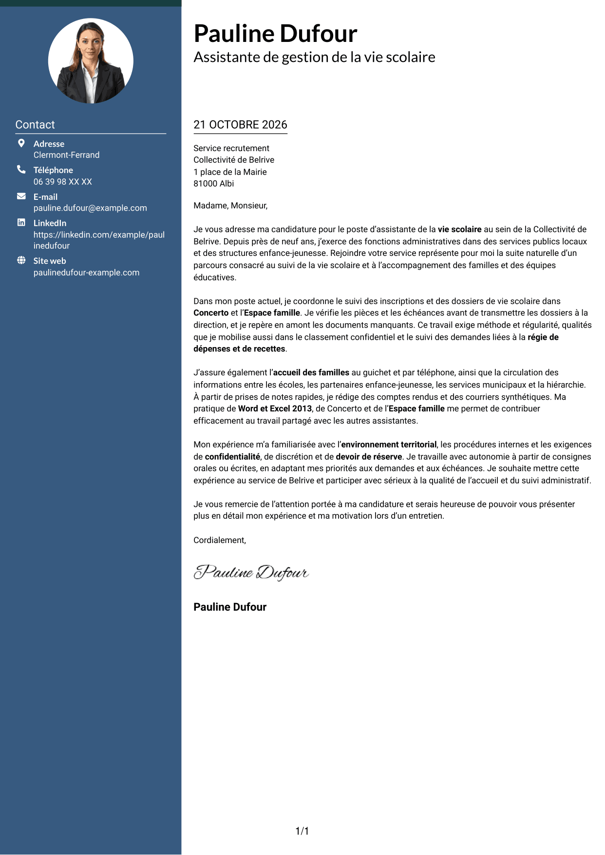 Lettre de motivation Élégant (format à colonne latérale colorée avec photo) : Assistant de la vie scolaire - Gestion administrative, page 1