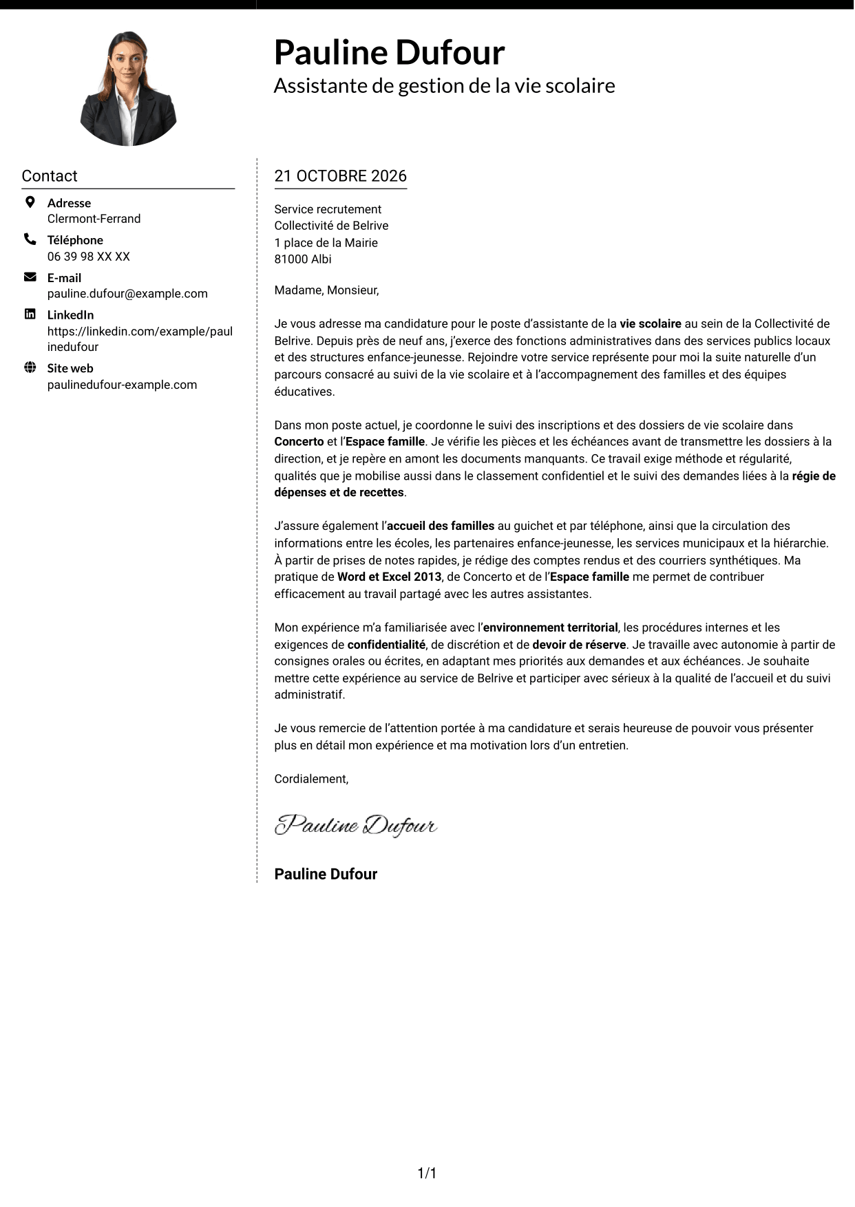 Lettre de motivation Moderne (format à deux colonnes avec photo à gauche et séparateur) : Assistant de la vie scolaire - Gestion administrative, page 1