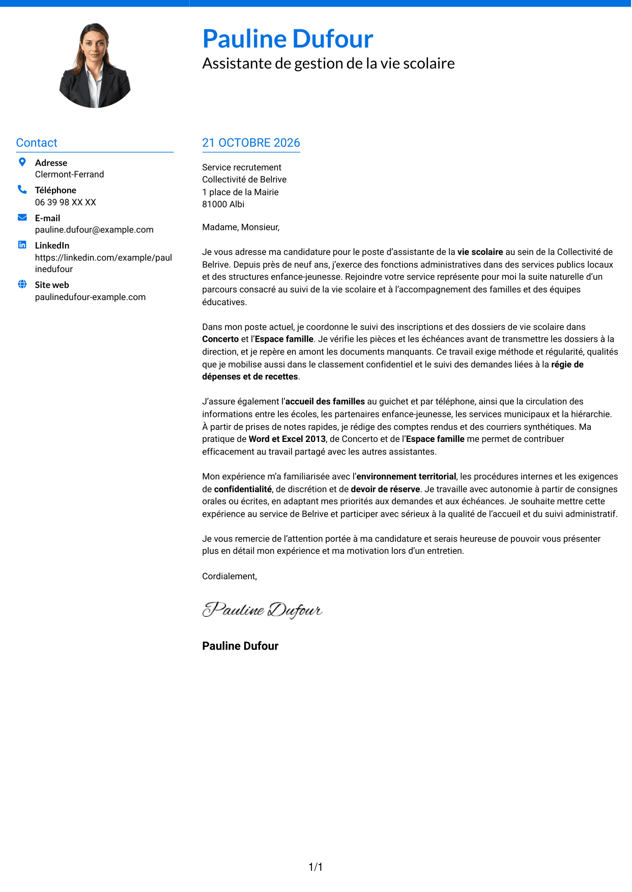 Lettre de motivation Audacieux (format à deux colonnes avec accents colorés et photo) : Assistant de la vie scolaire - Gestion administrative, page 1