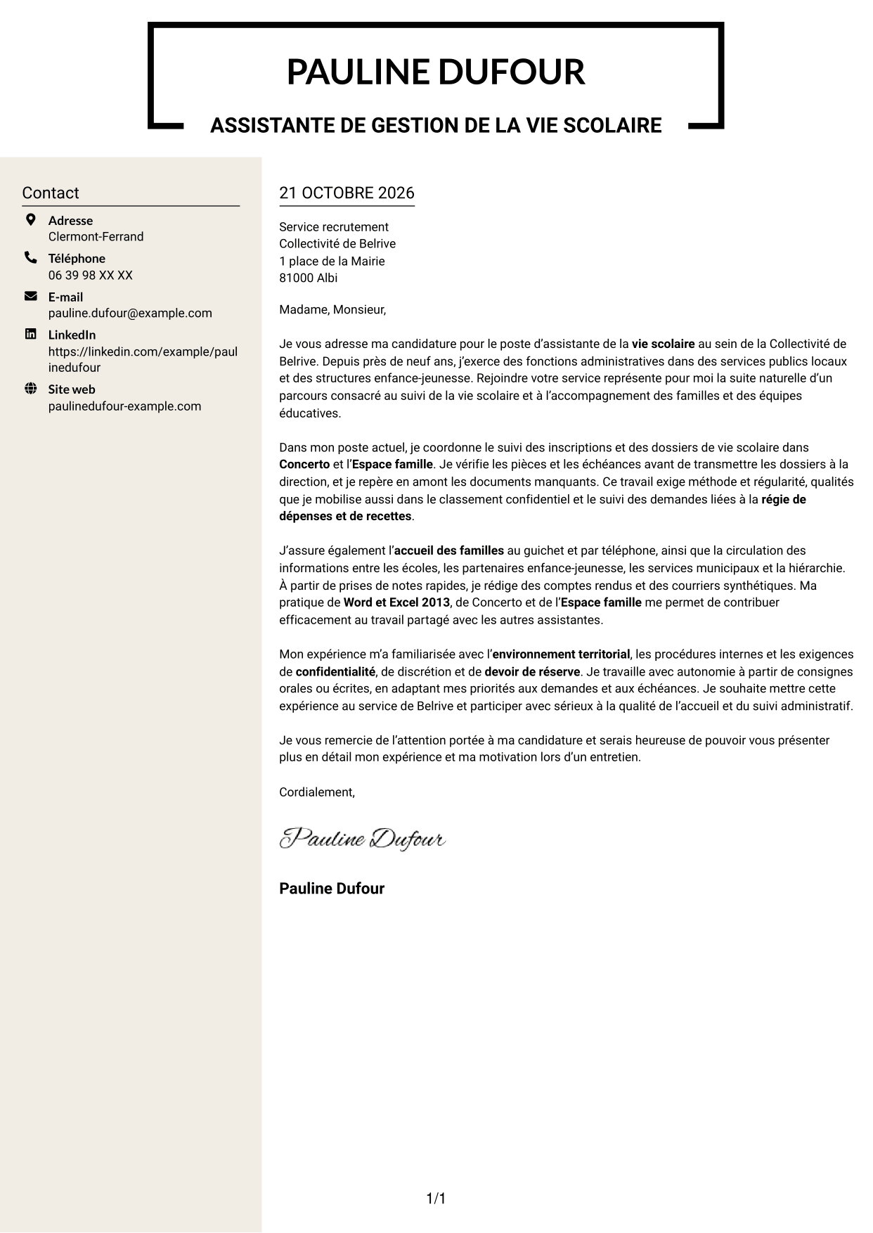 Lettre de motivation Fonceur (format à deux colonnes avec en-tête centré sans photo) : Assistant de la vie scolaire - Gestion administrative, page 1