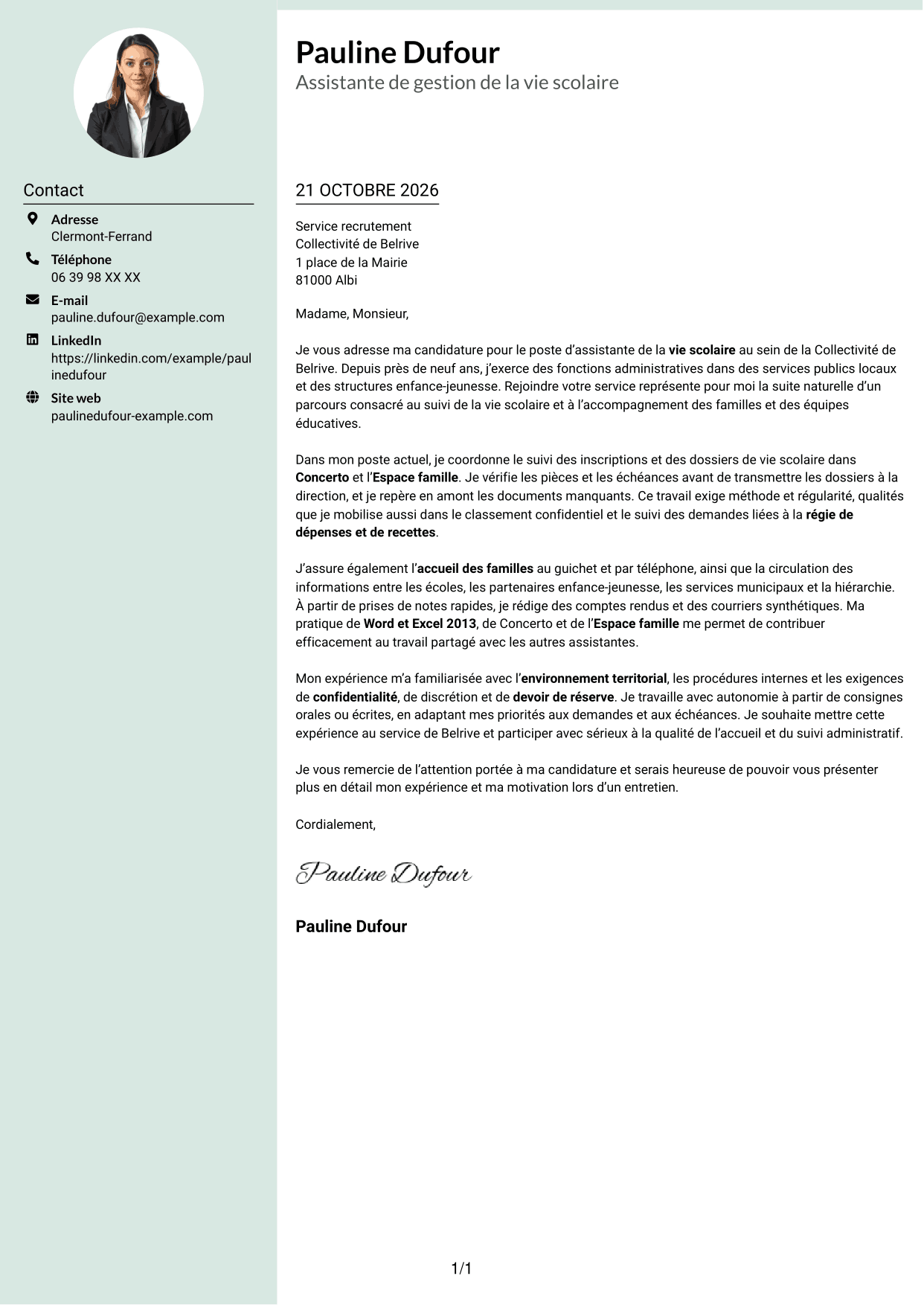 Lettre de motivation Cadre (format à colonne latérale douce avec photo arrondie) : Assistant de la vie scolaire - Gestion administrative, page 1
