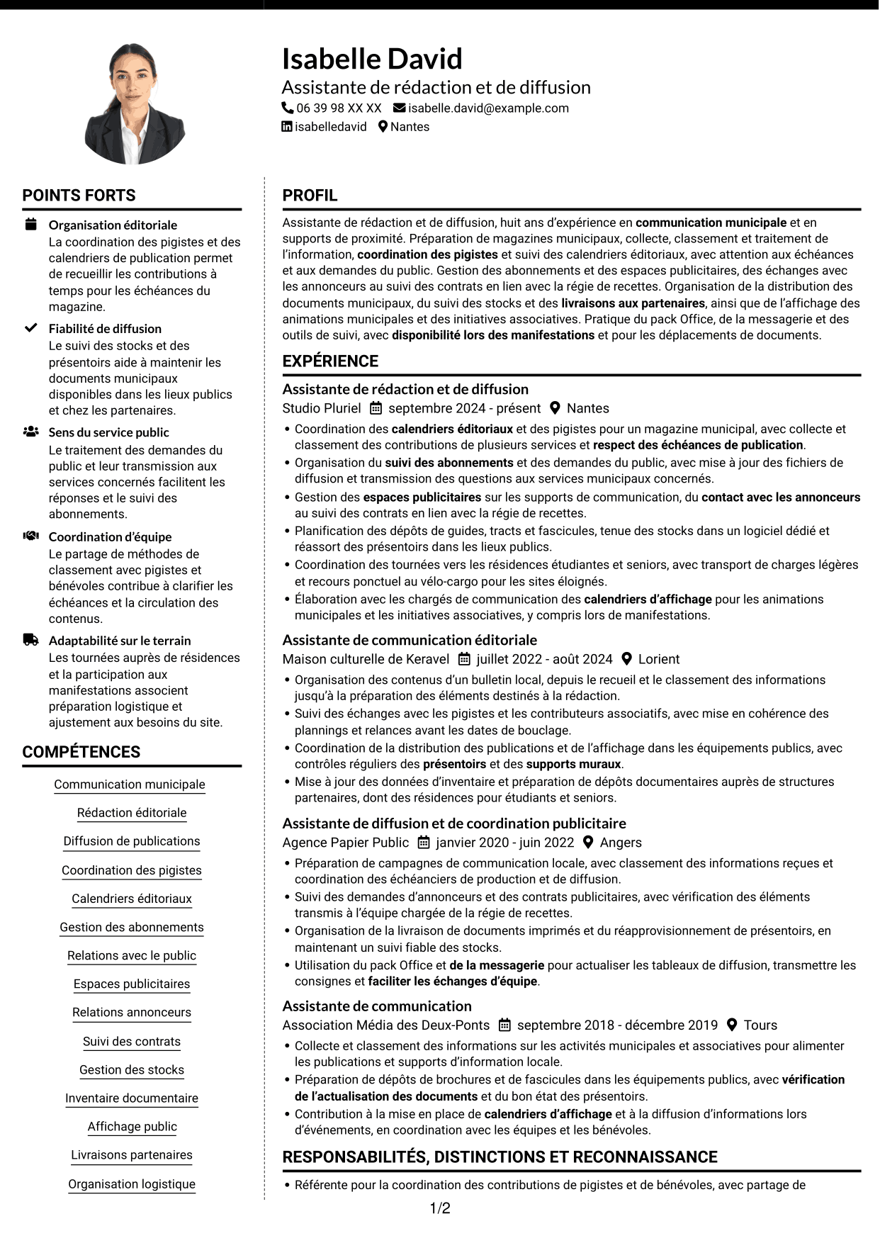 CV Moderne (format à deux colonnes avec photo à gauche et séparateur) : Assistant de rédaction et de diffusion - Communication municipale, page 1