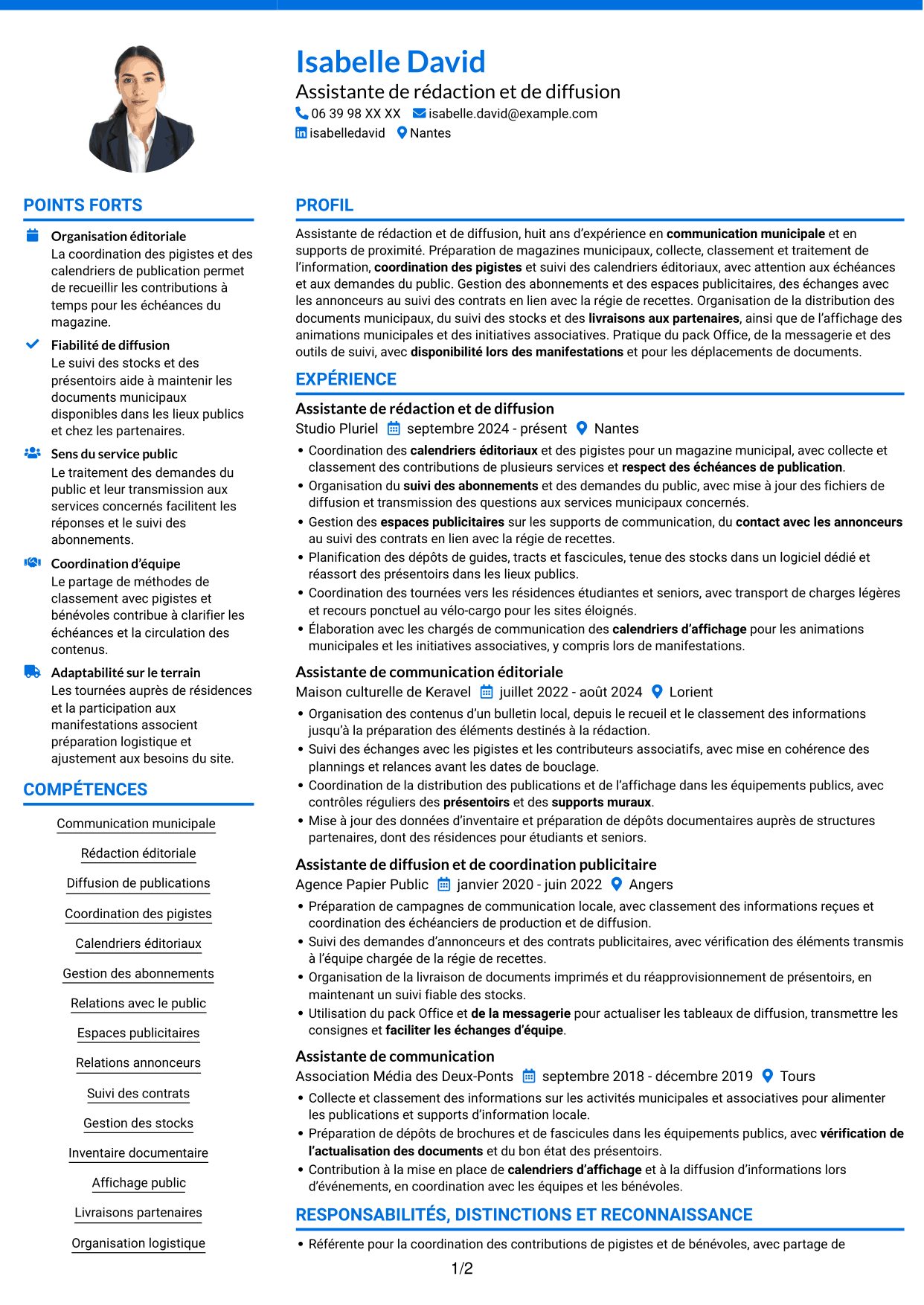 CV Audacieux (format à deux colonnes avec accents colorés et photo) : Assistant de rédaction et de diffusion - Communication municipale, page 1