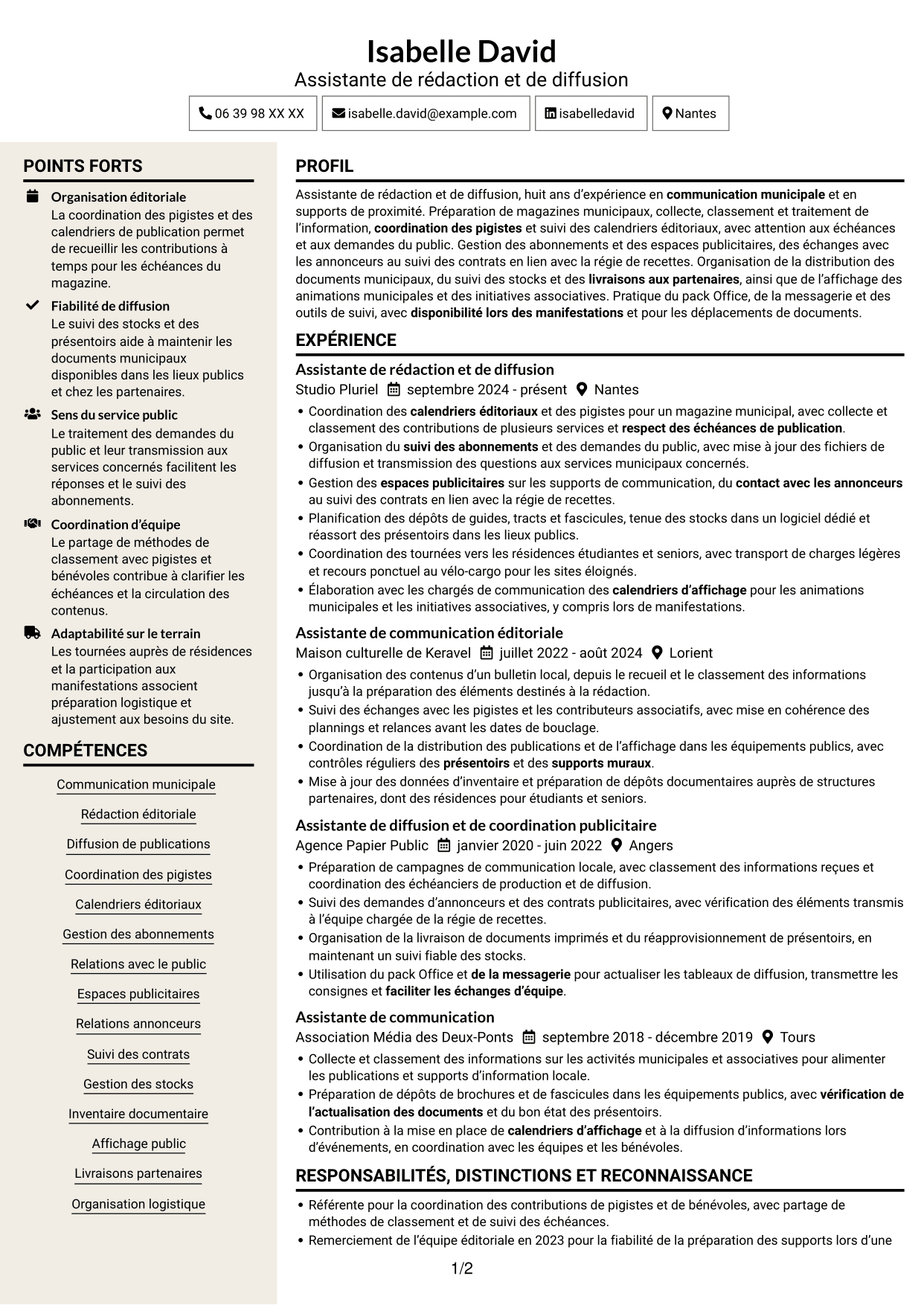 CV Fonceur (format à deux colonnes avec en-tête centré sans photo) : Assistant de rédaction et de diffusion - Communication municipale, page 1