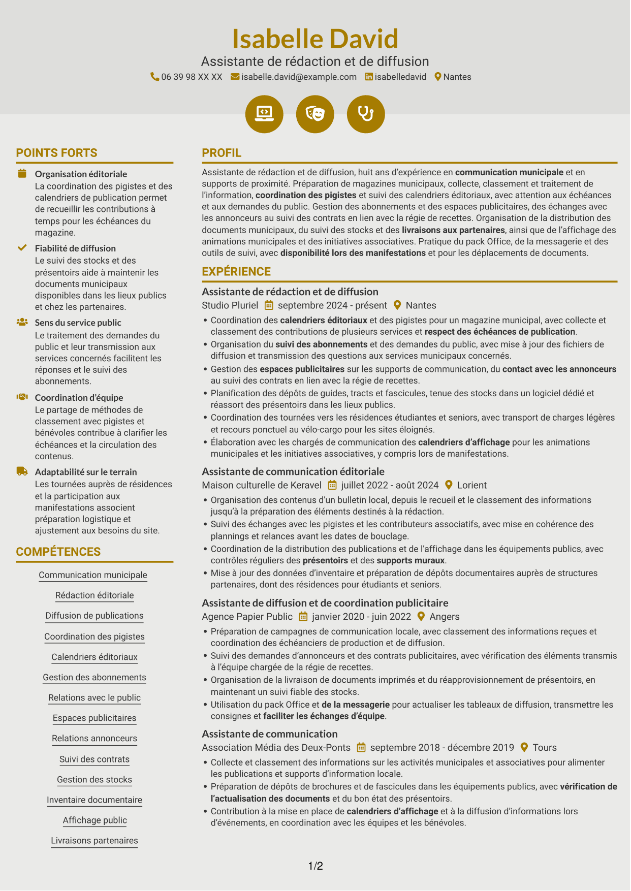 CV Dynamique (format à deux colonnes avec icônes) : Assistant de rédaction et de diffusion - Communication municipale, page 1