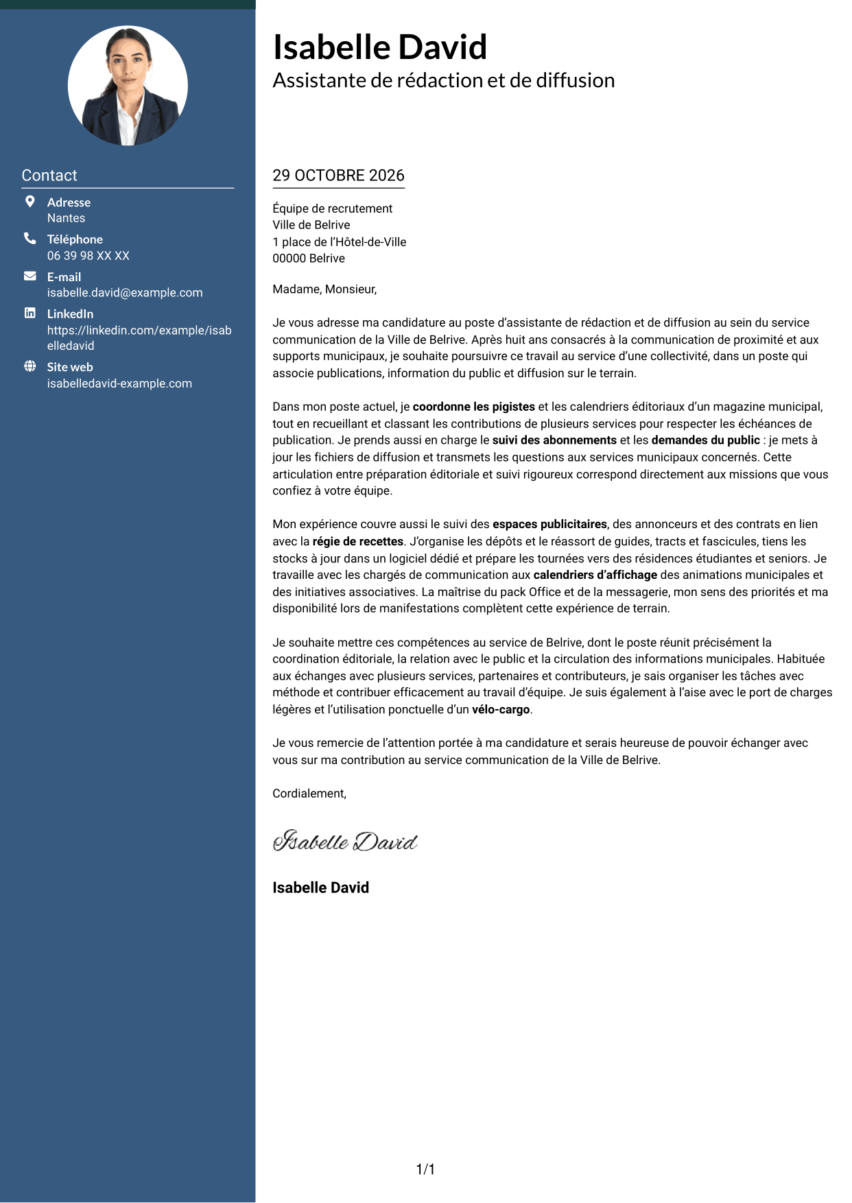 Lettre de motivation Élégant (format à colonne latérale colorée avec photo) : Assistant de rédaction et de diffusion - Communication municipale, page 1