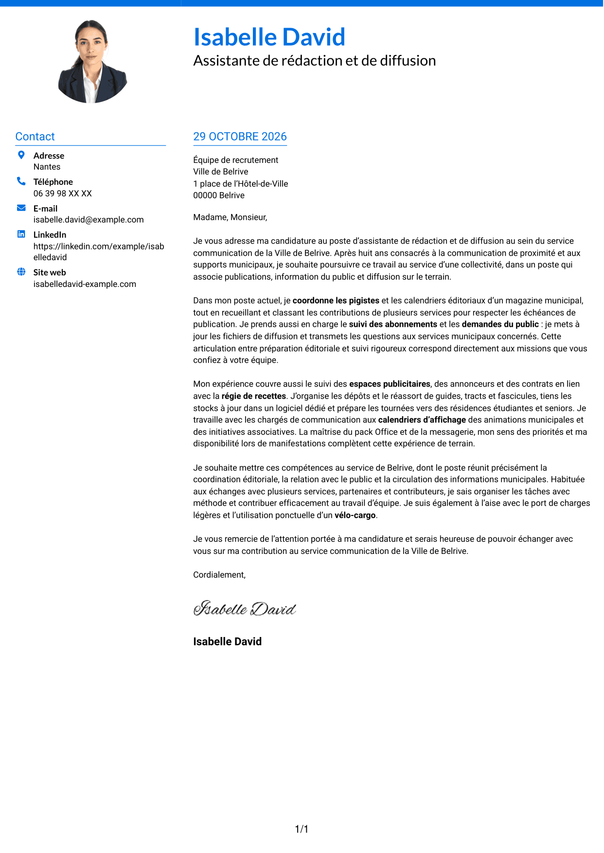 Lettre de motivation Audacieux (format à deux colonnes avec accents colorés et photo) : Assistant de rédaction et de diffusion - Communication municipale, page 1