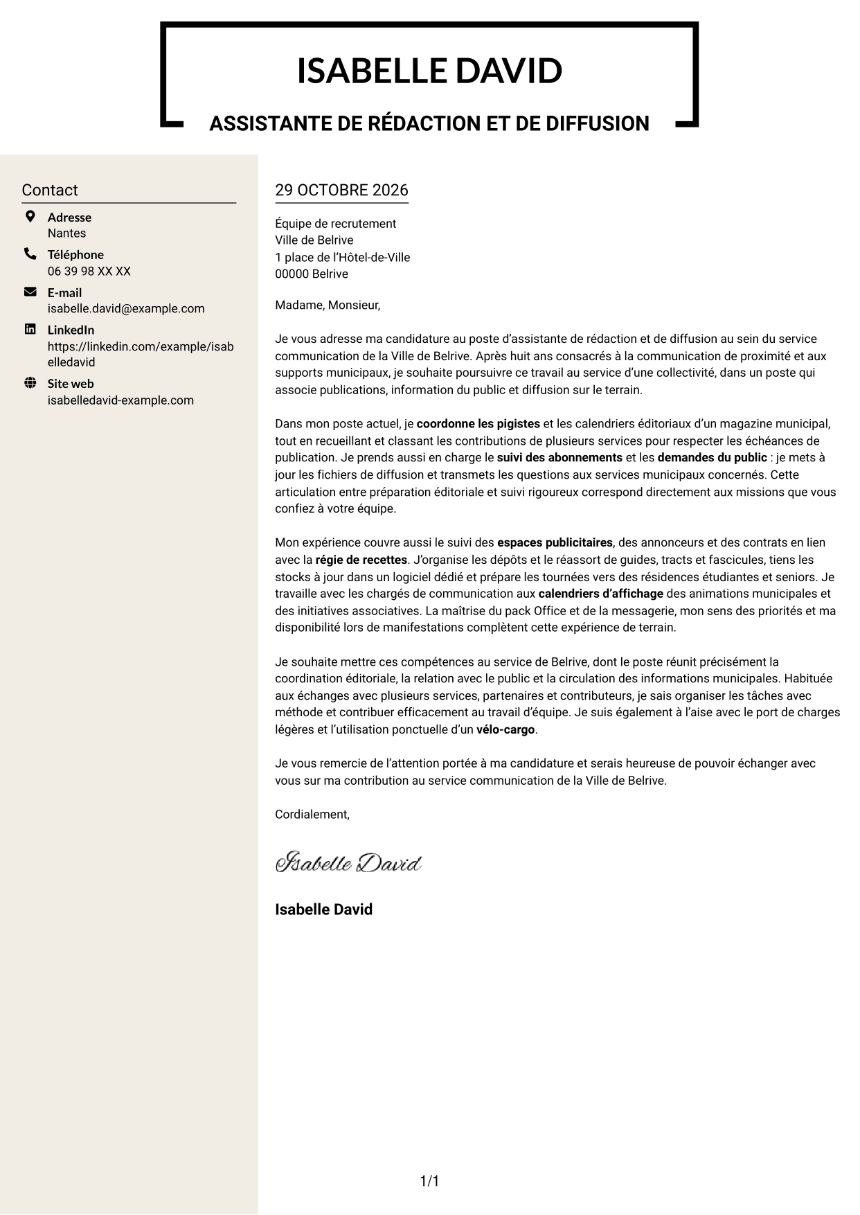 Lettre de motivation Fonceur (format à deux colonnes avec en-tête centré sans photo) : Assistant de rédaction et de diffusion - Communication municipale, page 1