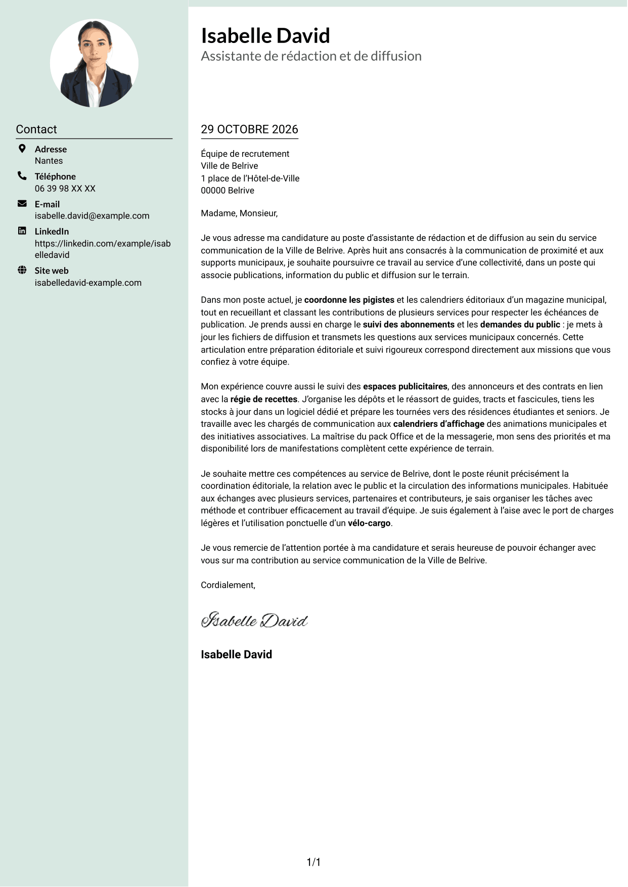 Lettre de motivation Cadre (format à colonne latérale douce avec photo arrondie) : Assistant de rédaction et de diffusion - Communication municipale, page 1