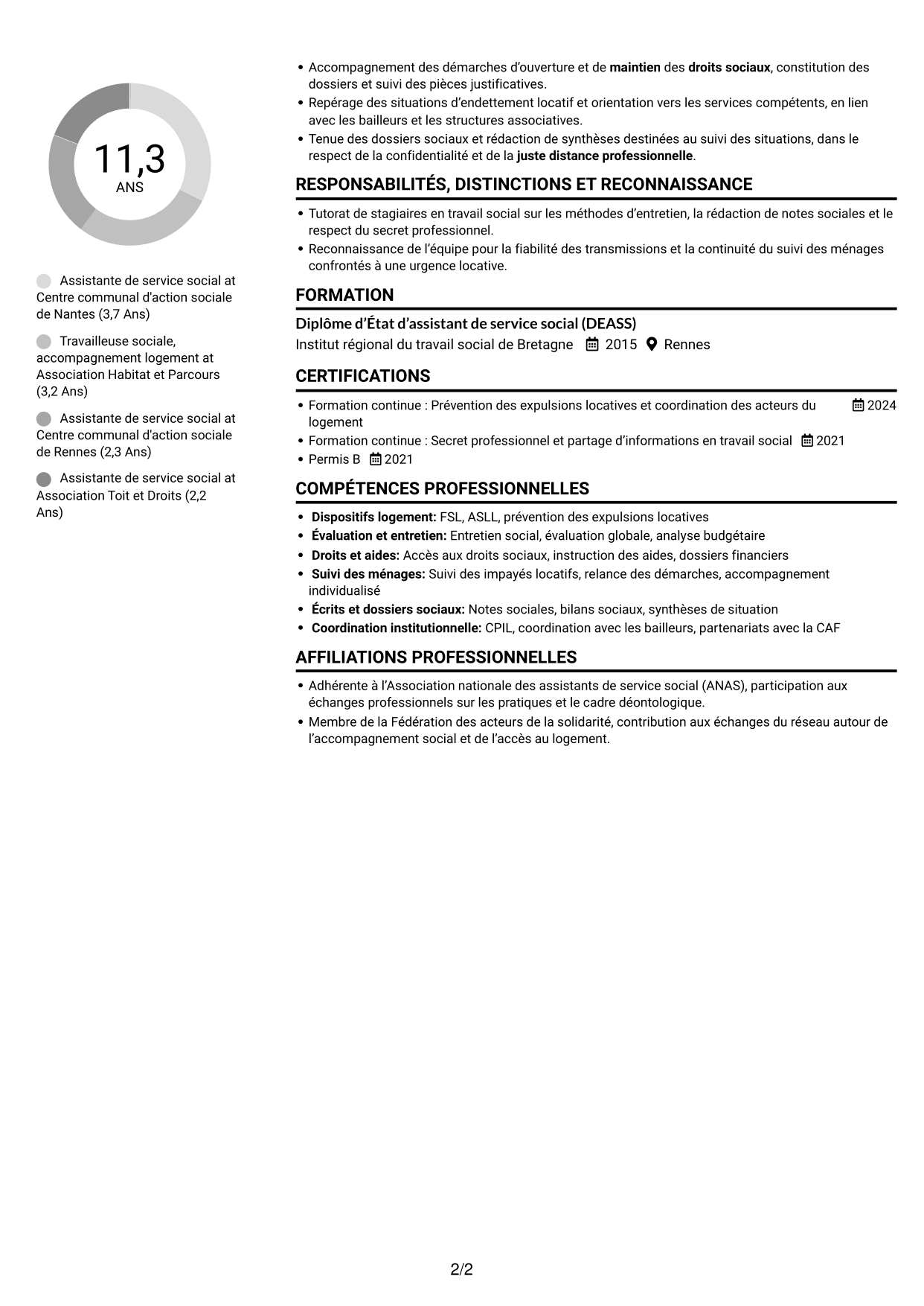 CV Compact (format sobre à deux colonnes avec photo) : Assistant de service social - Accompagnement social lié au logement, page 2