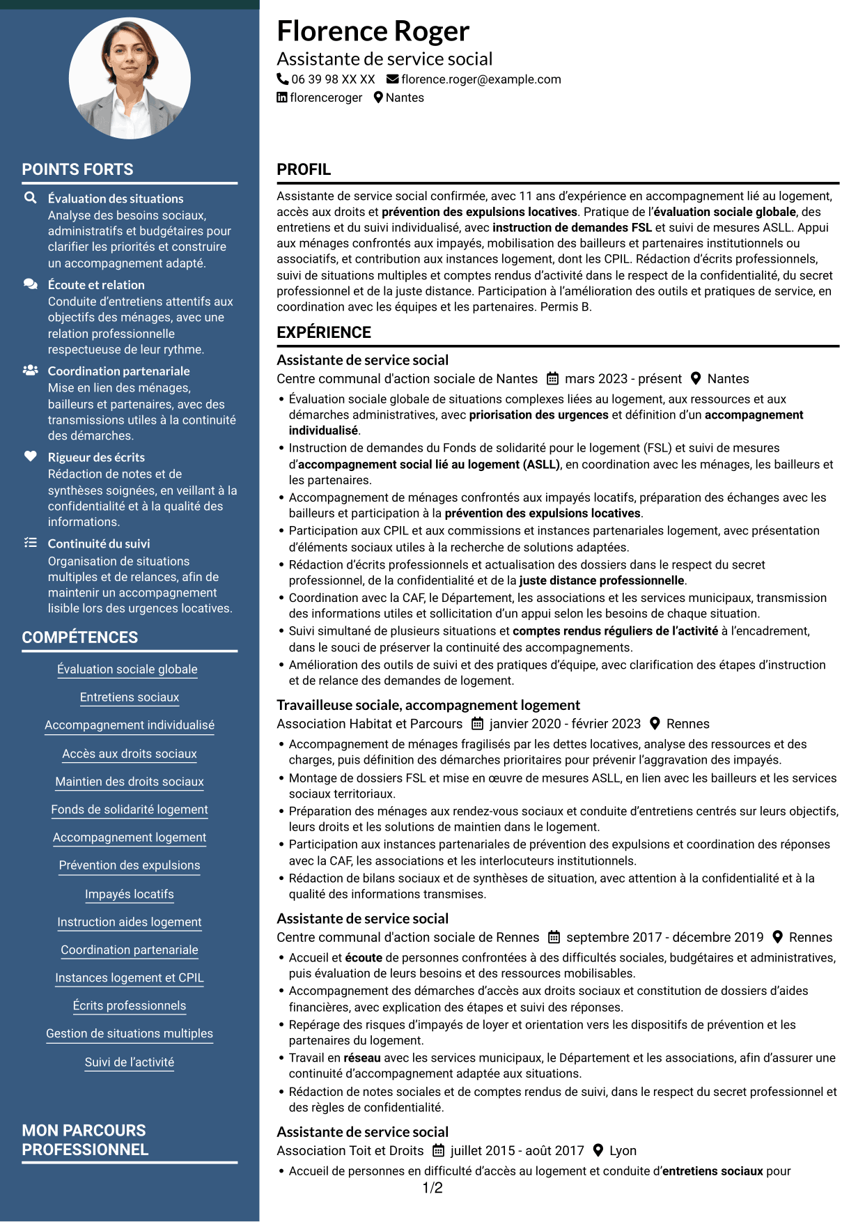 CV Élégant (format à colonne latérale colorée avec photo) : Assistant de service social - Accompagnement social lié au logement, page 1