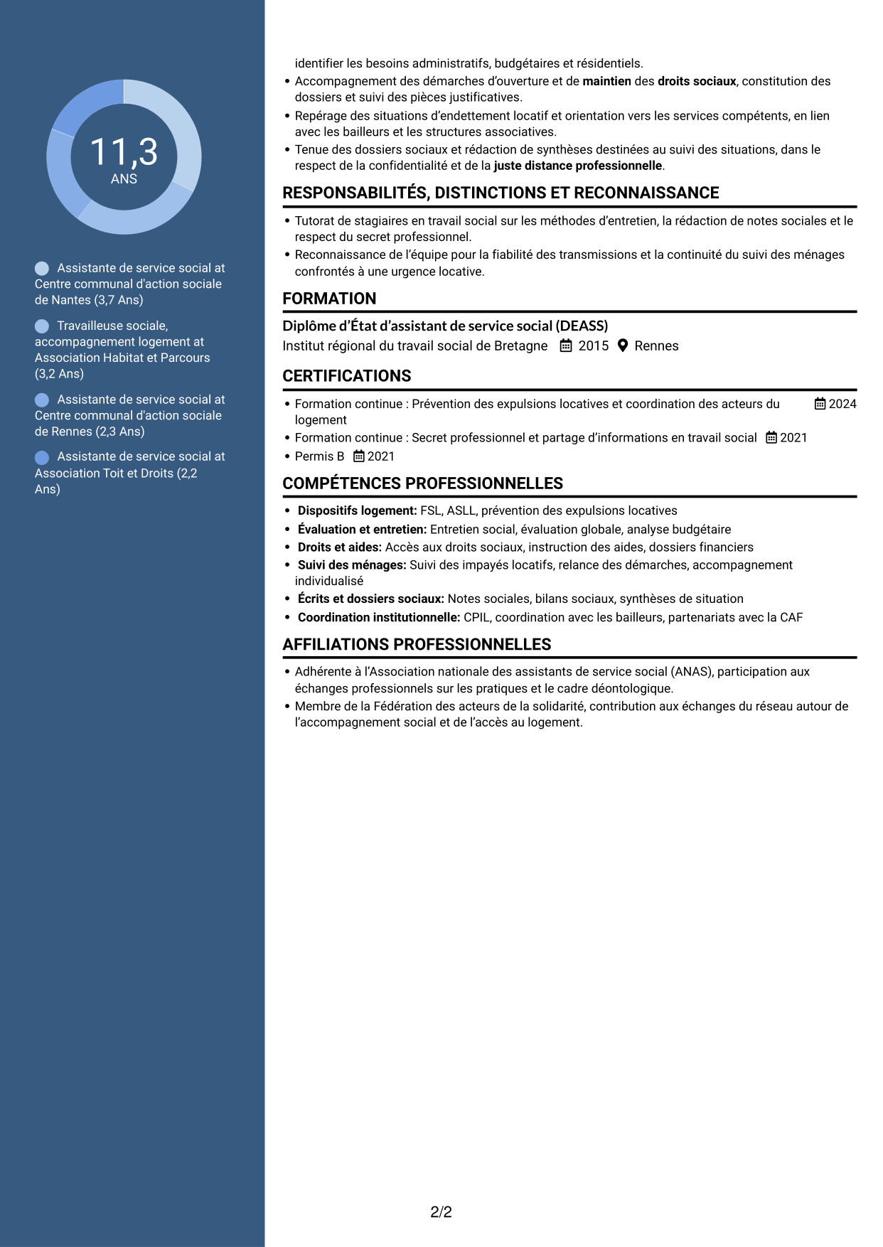 CV Élégant (format à colonne latérale colorée avec photo) : Assistant de service social - Accompagnement social lié au logement, page 2