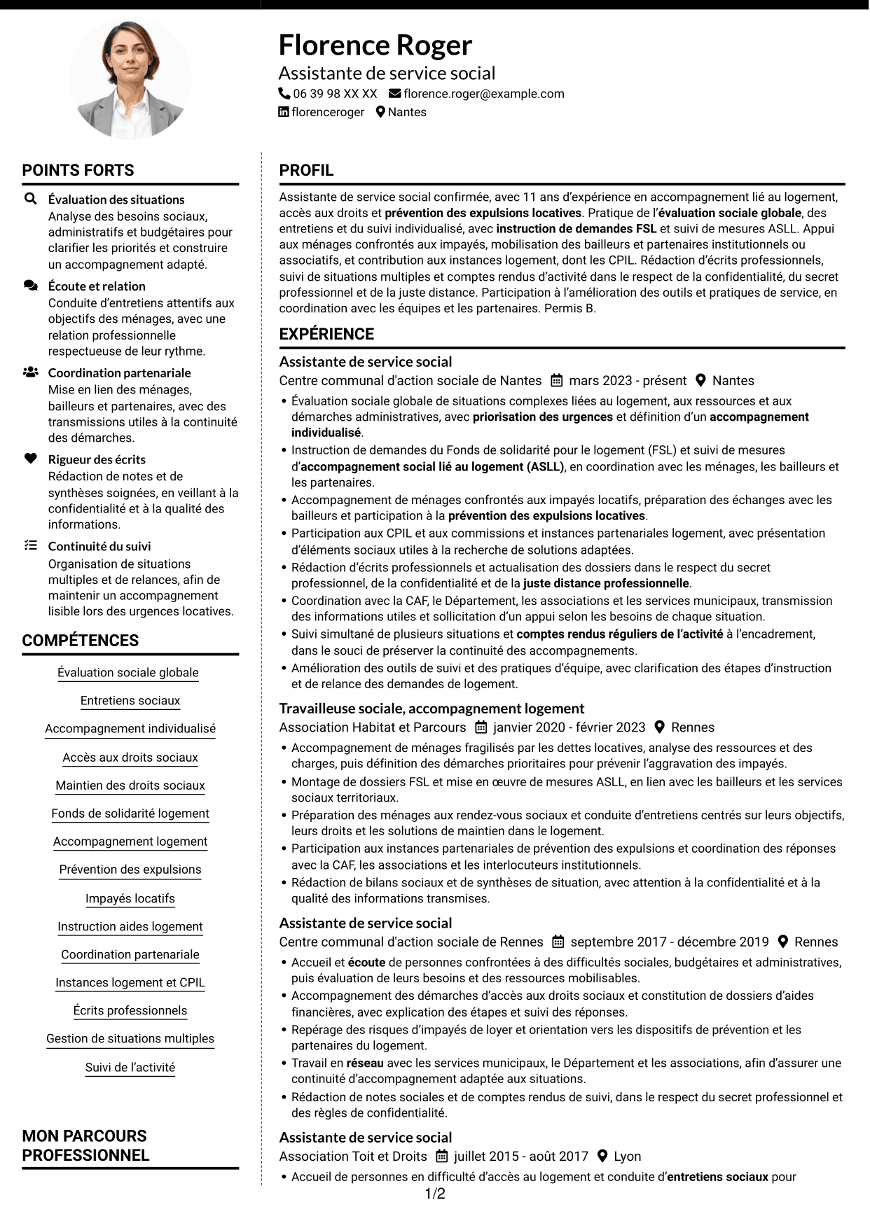 CV Moderne (format à deux colonnes avec photo à gauche et séparateur) : Assistant de service social - Accompagnement social lié au logement, page 1