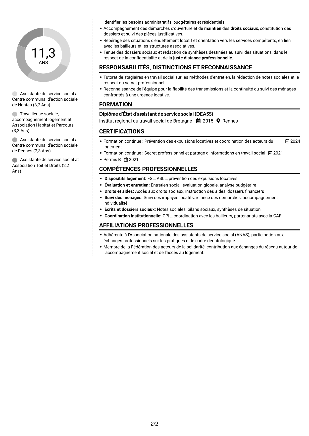 CV Moderne (format à deux colonnes avec photo à gauche et séparateur) : Assistant de service social - Accompagnement social lié au logement, page 2